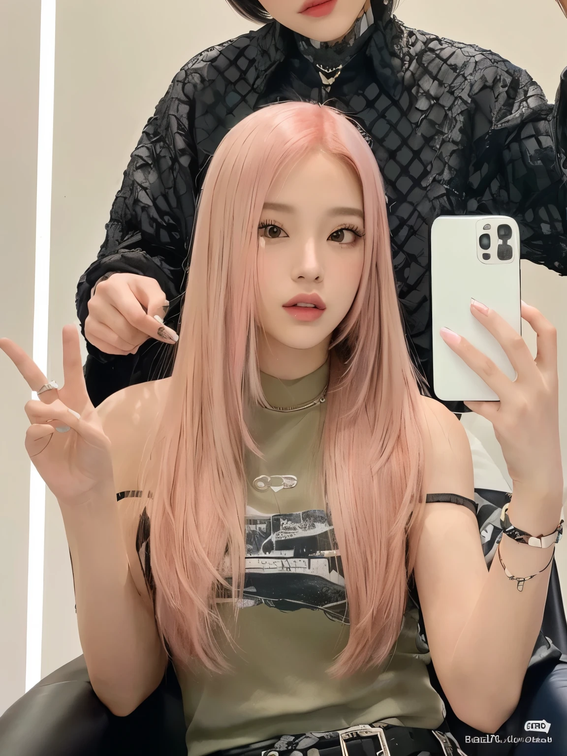 hay una mujer sentada en una silla con un celular, parque roseanne de blackpink, jossi de blackpink, Cabello Liso Rosa, portrait of jossi de blackpink, long Cabello rosado que fluye, con cabello rosado, pelo largo y rosa, Jennie rosa negra, Cabello rosado que fluye, ulzzang, tinte de pelo, pelo largo con colores pastel, con el pelo largo y blanco, bella delfina