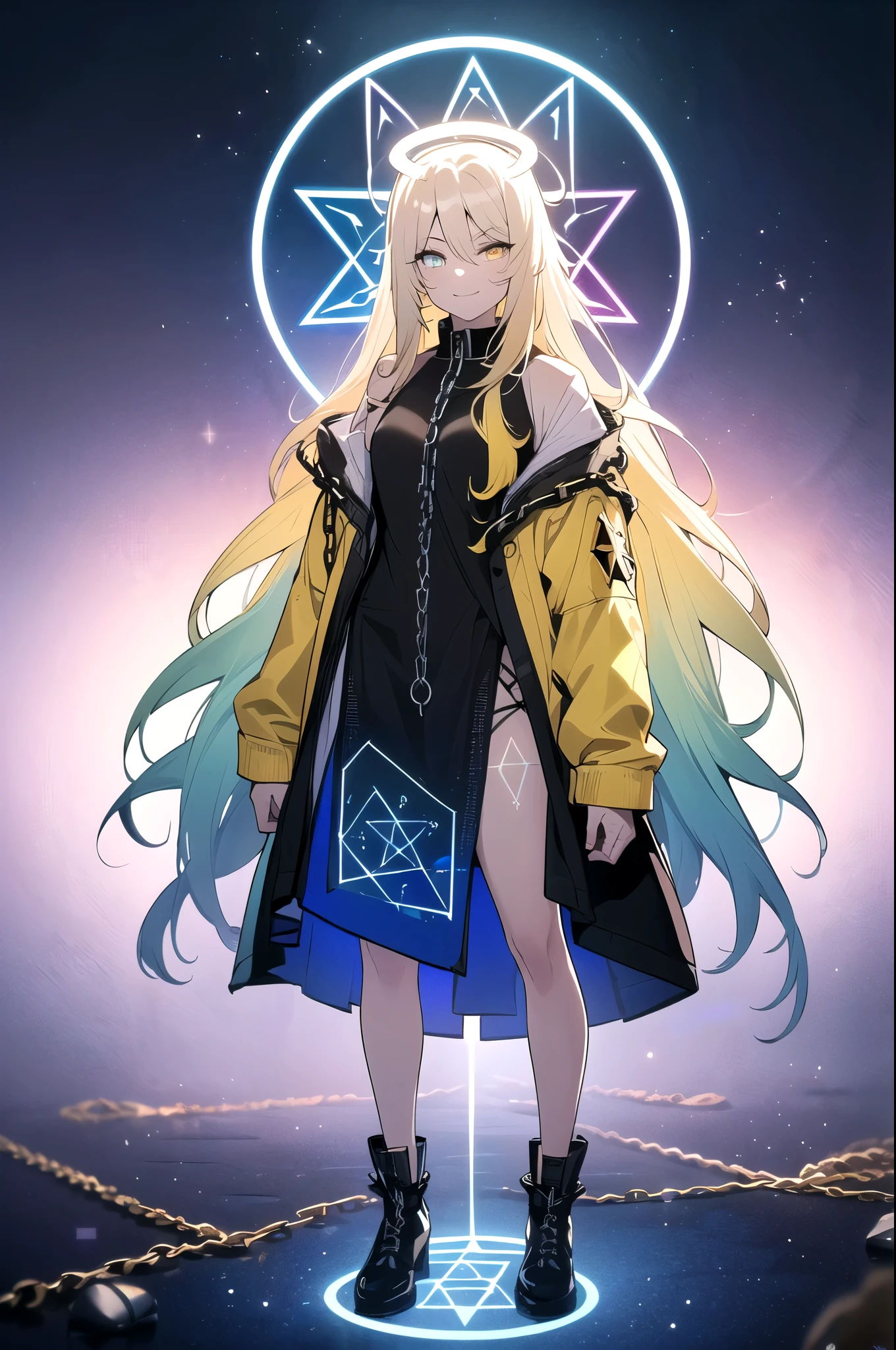 (blonde hair, long hair, sidelocks), (eyes with a mix of yellow and blue irises:1.5), two-tone eyes, multicolored eyes gradient eyes, white and blue jacket with constellation prints, (best quality,4k,8k,highres,masterpiece:1.2), ultra-detailed, portraits, (HDR:1.1), (vivid colors:1.1), (studio lighting), (bokeh), (highly saturated colors), (soft lighting), (detailed background), (subtle shadows), (ethereal glow), (pastel color palette), (delicate details), (sublime beauty), (feminine charm), (crisp focus), (fine brushwork), (impeccable craftsmanship), (emotional depth), (captivating storytelling), (intriguing narrative), (impressive realism), (exceptional artistry), (masterpiece-worthy), (awe-inspiring), blonde hair, very long hair, sidelocks, (eyes with a mix of yellow and blue irises:1.5), (two-tone eyes:1.5), (multicolored irises:1.5), multicolored eyes (gradient eyes:1.5), white and blue jacket with constellation prints, metallic skirt, (smug:1.5), (smirk), naughty face, mischievous, futuristic clothing, science fiction setting, high-tech, glowing eyes, (unicursal hexagram-shaped irises), (full body:1.5), (chains:1.5), (holographic halo:1.5), (unicursal hexagram halo:1.5)