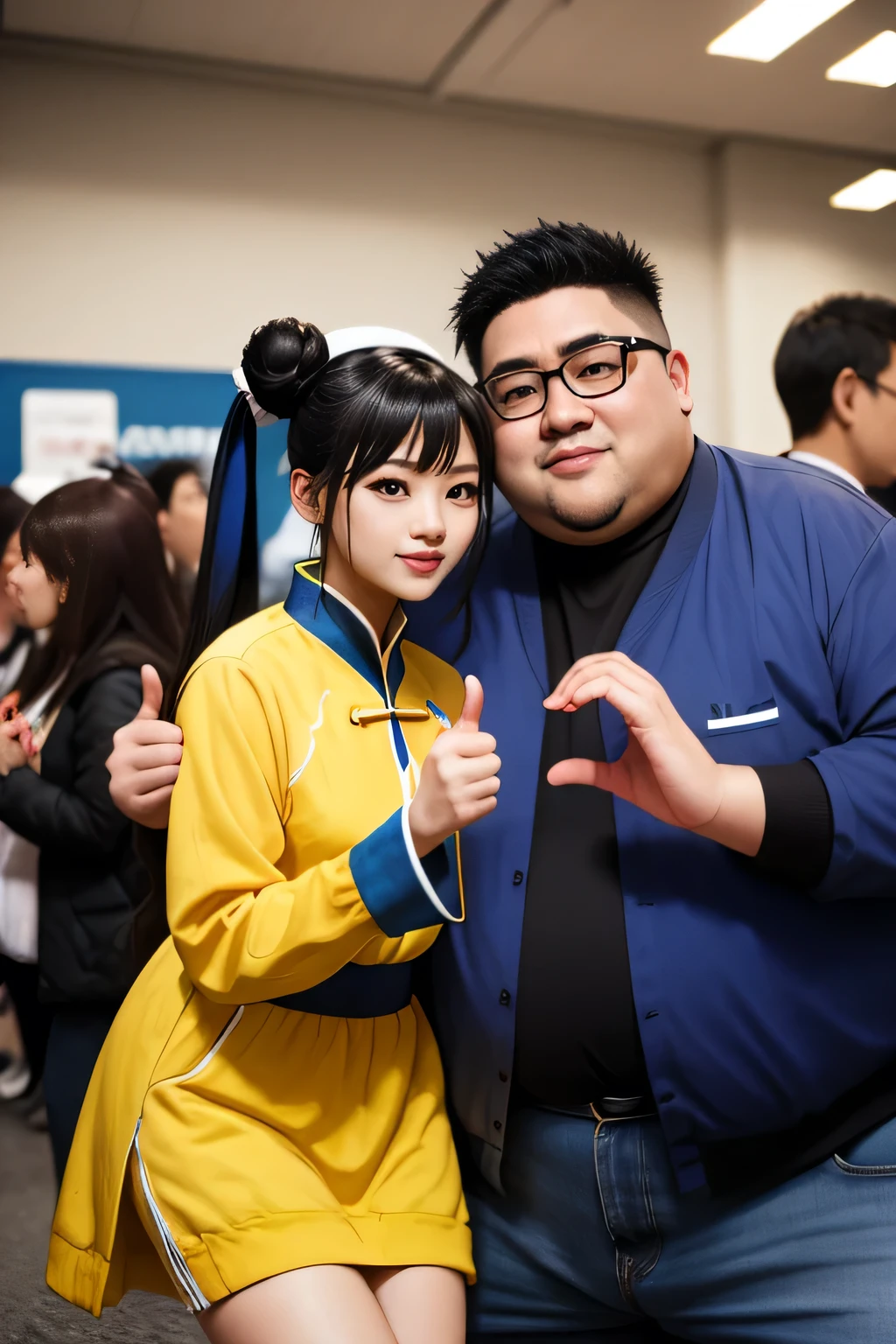 IncrsHHFail, heart hands duo, crowd,Comiket Venue BREAK, 1girl, Chunli,Blue Chinese Dress,Bun Hair,Adult women,Chunli Cosplay Woman,Slender women,
BREAK, 1boy, jacket, smile,Only men wear glasses,Fat Otaku Men,(Fat man:1.3),Man on the left,woman on the right,