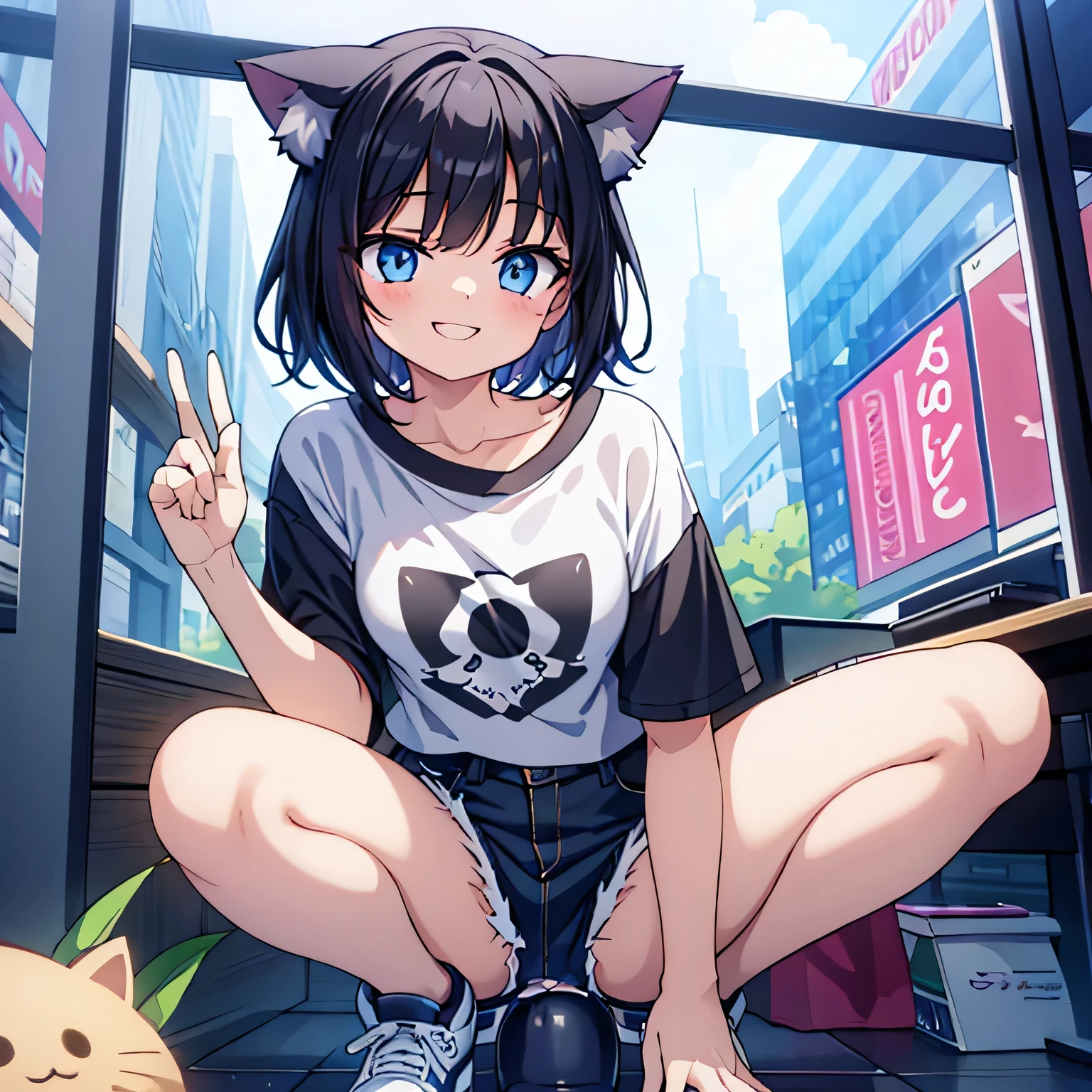 highest quality、Small breasts、Cat ear、Short black hair、Iris、Cropped T-shirt、Shorts、smile