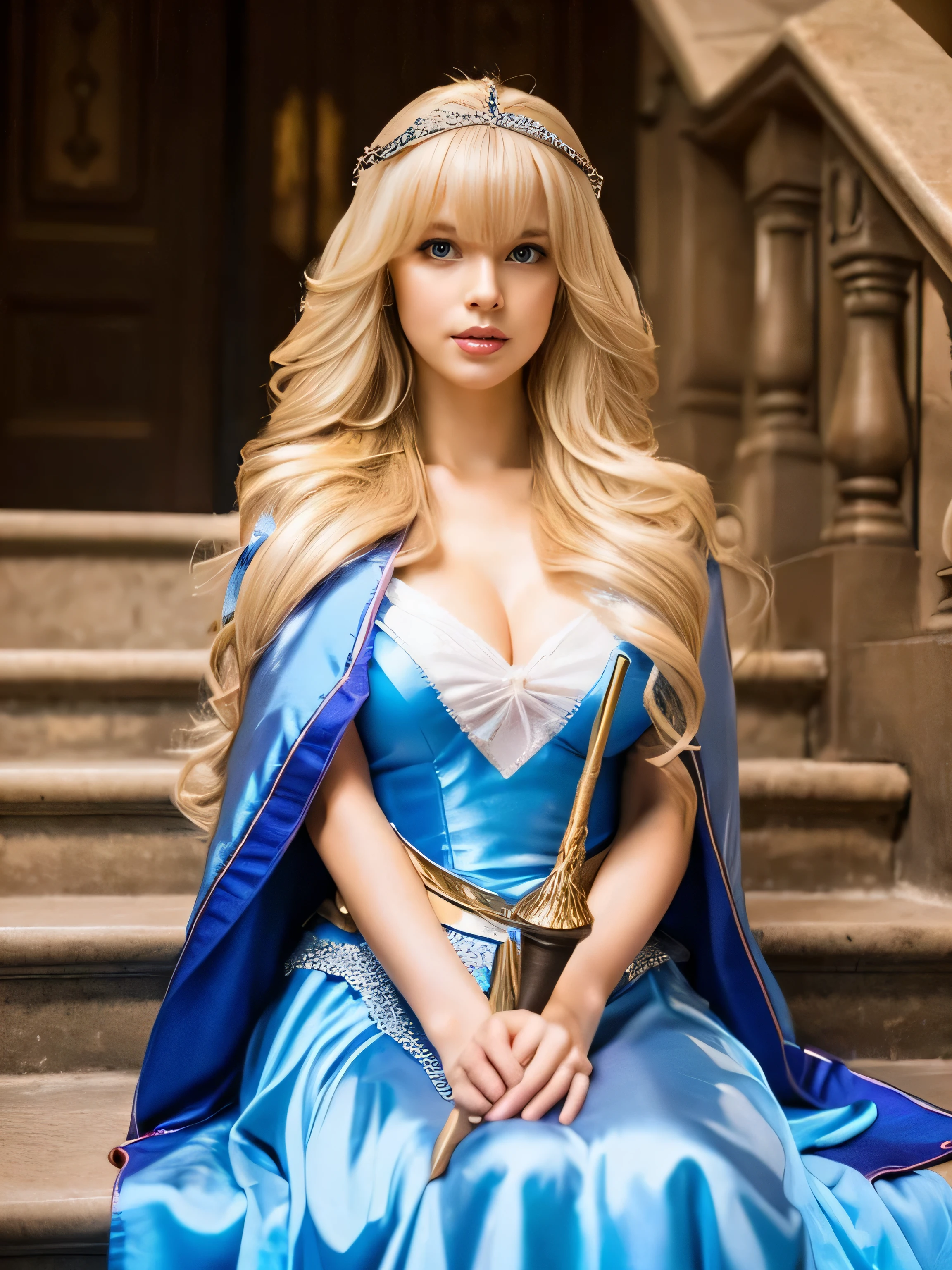 Samus Aran, hair between eyes, ahoge, blonde hair, star \(symbol\), hair ornament, dress, cleavage, bare shoulders, collarbone, long white elbow gloves, white gloves, dark blue dress, white choker, strapless, tiara, veil, strapless dress, princess dress, bridal veil, beautiful woman, perfect body, perfect breasts, wearing a princess dress, ball gown, in the park trees, wedding decorations, a warm smile, realism, masterpiece, textured skin, super detail, high detail, high quality, best quality, 1080p, 16k, white petticoats underneath dress