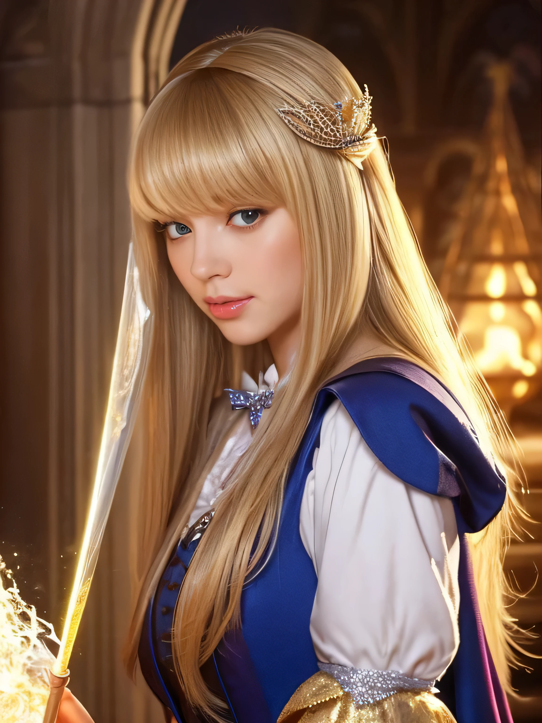 ((Shooting from the waist up)) (Big Tits 1.4) ((highest quality)), ((masterpiece)), (Get used to it), Perfect Face (1 girl) (French) (She is 18 years old、The cutest and most beautiful fantasy girls from France) ((highest quality)), ((masterpiece)), length blonde hair length, Shiny golden hair,Golden Silky Hair, Straight blonde hair, length blonde straight hair, Perfect Silky Straight Hair, Straight blonde hair, length blonde hair, Her hair is long and straight, detailed length blonde hair ((big 1.4)) Super Long Hair down to the ankles ((Neat bangs The neatly trimmed bangs are princess cut and cover the entire forehead........))... bright crimson lips good, Anatomically correct hand Thin fingers Anatomically correct five fingers Sexy professional makeup Beautiful French girl face, French facial features, Long Hair shiny Long Hair, length, Shiny golden hair, length, Straight Golden Hair, Her hair is long and straight, Super Long Hair girl, Silky Hair, length blonde hair, Silky Hair, length, Flat Hair, Silky texture, Long Hair, length, flowing blonde hair, thin and shiny hair Anatomically correct、White beautiful human skin and detail of hands and fingers Beautiful Eyes Mouth Details the corners of the mouth rise slightly Cool look (The eyebrows are dark brown in color) (She is wearing the gorgeous blue dress worn by Cinderella in the live-action version. Disney Color Photos、tumbler、Renaissance、Cinderella、She is wearing a gorgeous white Victorian dress..) (This is a fantasy world cave) (She has a big magic wand、Random poses for casting spells:2.0)