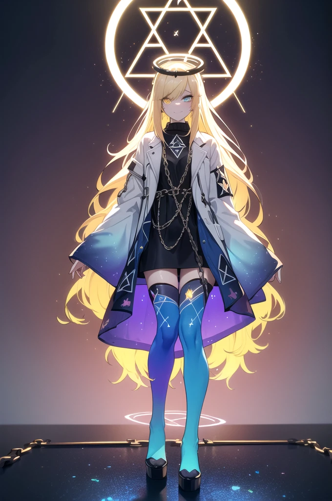 (blonde hair, long hair, sidelocks), (eyes with a mix of yellow and blue irises:1.5), two-tone eyes, multicolored eyes gradient eyes, white and blue jacket with constellation prints, (best quality,4k,8k,highres,masterpiece:1.2), ultra-detailed, portraits, (HDR:1.1), (vivid colors:1.1), (studio lighting), (bokeh), (highly saturated colors), (soft lighting), (detailed background), (subtle shadows), (ethereal glow), (pastel color palette), (delicate details), (sublime beauty), (feminine charm), (crisp focus), (fine brushwork), (impeccable craftsmanship), (emotional depth), (captivating storytelling), (intriguing narrative), (impressive realism), (exceptional artistry), (masterpiece-worthy), (awe-inspiring), blonde hair, very long hair, sidelocks, (eyes with a mix of yellow and blue irises:1.5), (two-tone eyes:1.5), (multicolored irises:1.5), multicolored eyes (gradient eyes:1.5), white and blue jacket with constellation prints, metallic skirt, (smug:1.5), (smirk), naughty face, mischievous, futuristic clothing, science fiction setting, high-tech, glowing eyes, (unicursal hexagram-shaped irises), (full body:1.5), (chains:1.5), (holographic halo:1.5), (unicursal hexagram halo:1.5)