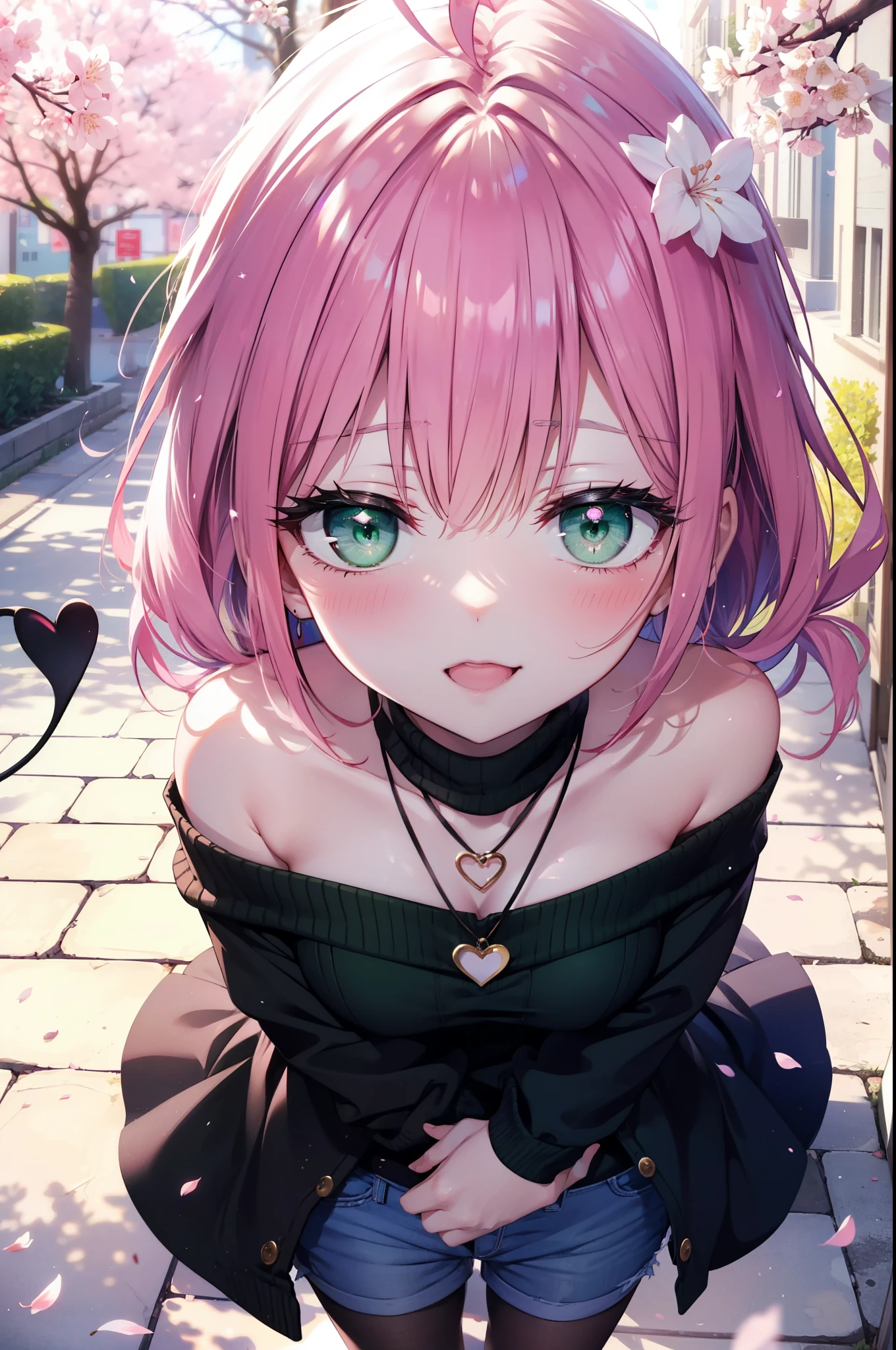 Lara Deviluke, Lara Deviluke, Long Hair, Pink Hair, tail, Ahoge, bangs, hair ornaments, (Green Eyes:1.5), happy smile, smile, Open your mouth,demon tail,Off-the-shoulder sweater,Exposing shoulders,bare clavicle,Bare neck,Heart Pendant,Shorts,Black Pantyhose,short boots,Cherry blossoms are blooming,Cherry blossoms are scattered,Cherry blossom tree-lined path,Daytime,Clear skies,
break outdoors, city,ビル街
break looking at viewer, (Cowboy Shot:1. 5)
break (masterpiece:1.2), highest quality, High resolution, unity 8k w全てpaper, (shape:0.8), (beautiful detailed eyes:1.6), extremely detailed face, Perfect lighting, extremely detailed CG, (Perfect hands, Perfect Anatomy),