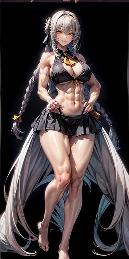 (black background 1:2) 1girl full body standing, nice ass, Hairstyle with a braid, white colored hair, yellow eyes, perfect lighting, muscular, thighs, Mature woman, mummy, bellybutton, abs, looks at the viewer (masterpiece, high quality: 1.1) smile, extremely huge breasts, Maternal, porcelain skin, extra very long hair, sparkly skin, good face, chest cover