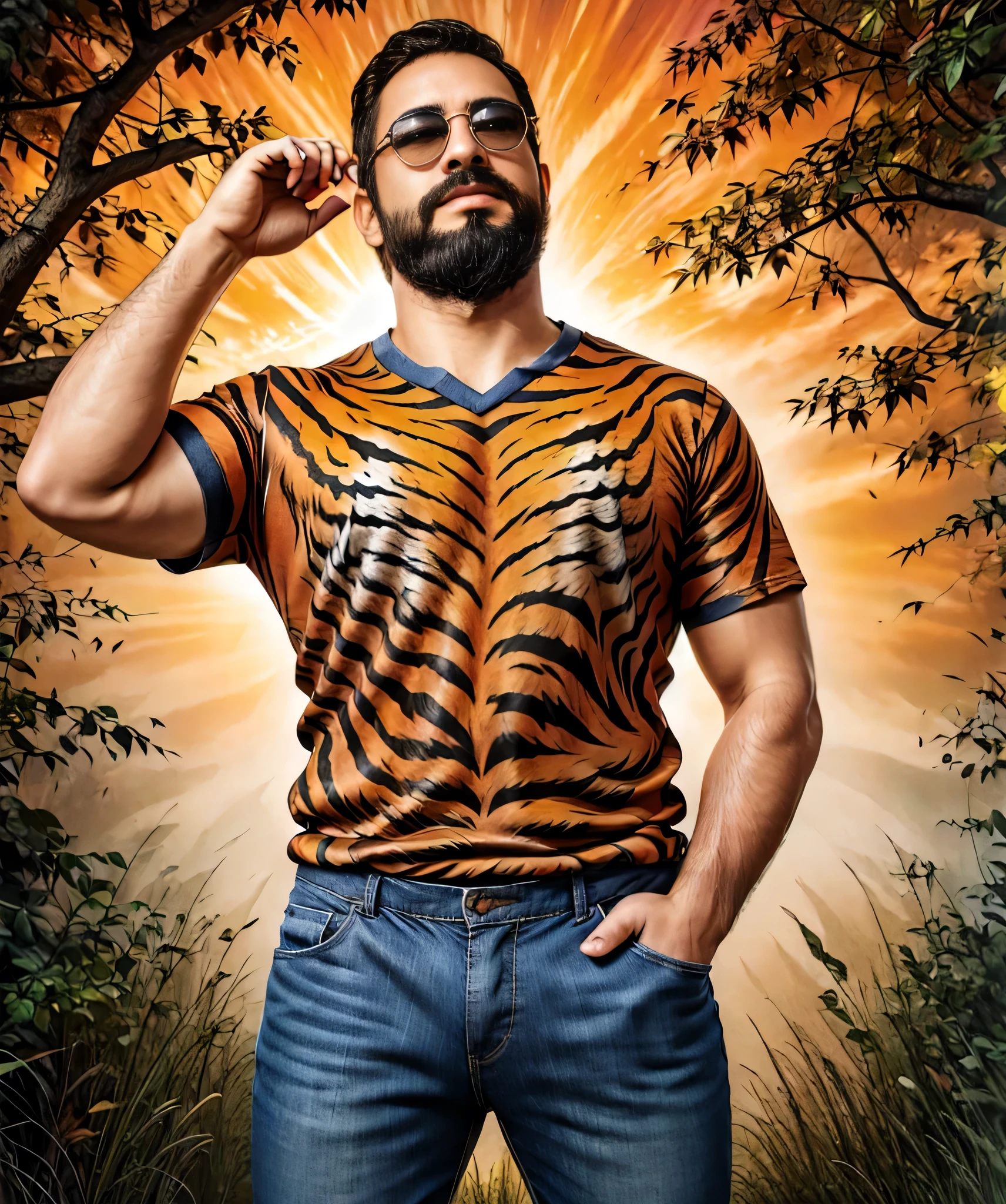 Obra maestra, desenfoque de campo, Parte superior del cuerpo, Hands in pants pockets, 38 year old chubby man with beard and square sunglasses.. Man in tiger t-shirt in a space movie with a sunburst in the background.