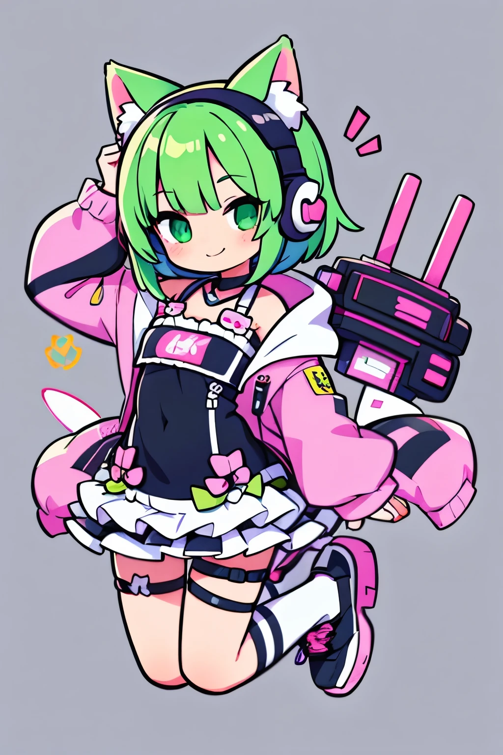 smile, idol, A kawaii mascot character design of simple 2D,  Bob with green short hair, cat ears wearing headphones,  bold LINE art, Girl,Create a highly detailed, full body illustration of a deformed character in a cyberpunk anime style, --ar 16:9 --niji 5 --style cute --s 100