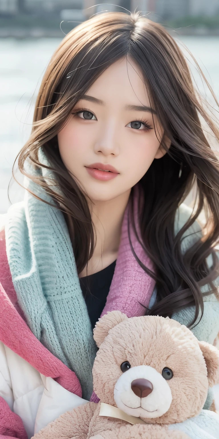 A girl walking along the river, Mix 4, sweater, pillow, lips, Open_mouth, Realistic, photograph_\(Moderate\), alone, Packed_animal, Packed_toy, Teddy_bear,(masterpiece),(photographRealistic:1.3), Very detailed, (Skin with attention to detail:1.2),(highest quality:1.0), (Ultra-high resolution:1.0), (Ulzzang-6500:0.3), Wavy fine hair, Long Hair, sunlight, (Beautiful and detailed makeup), (Sexually excited、Blushing、breathing becomes rough:1.0), Flower Theme Petals Scattered, (Flowers with a soft glow:0.5)