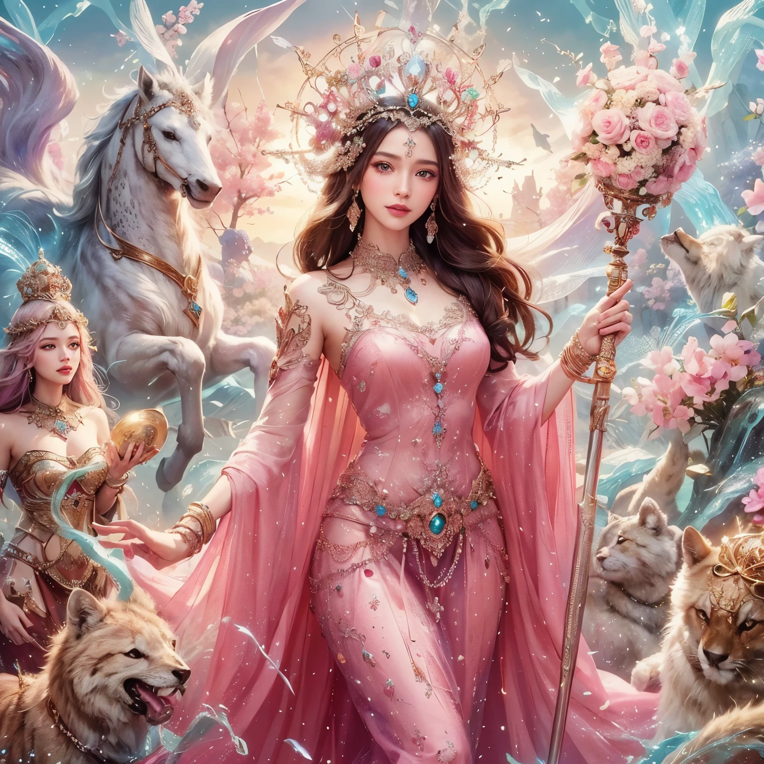 Smiling woman in a pink dress holding a walking stick surrounded by animals, Beautiful Fantasy Empress, ((Beautiful Fantasy Empress)), goddess. Extremely high detail, earth goddess mythology, gorgeous goddess of leo, Beautiful fantasy art, very Beautiful fantasy art, goddess art, goddess of love and peace, Beautiful Animals Queen of Pearls, beautiful goddess, celestial goddess, Amazing fantasy art, masterpiece, highest quality:1.2),,(8k,High resolution,RAW Photos,Realistic,photo-Realistic:1.3),(Detailed skin texture,Detailed cloth texture,Beautifully detailed face:1.25),Professional Lighting,Photon Mapping,Beautiful soft light,Radio City,Physically Based Rendering,Ray Tracing, Model shooting style, Model shooting style, (Highly detailed CG Unity 8k wallpaper), Full body photos of the most beautiful works of art in the world