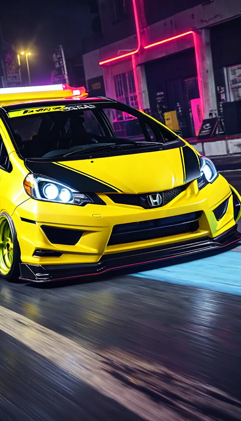 retrowave. honda jazz rwb, large wheels, slammed, wide body kit, YELOW NEON MONITOR LIGHT, (4k,Masterpiece, photorealistic, extreme detail, A high resolution,photorealistic,automotive photography, professional)
