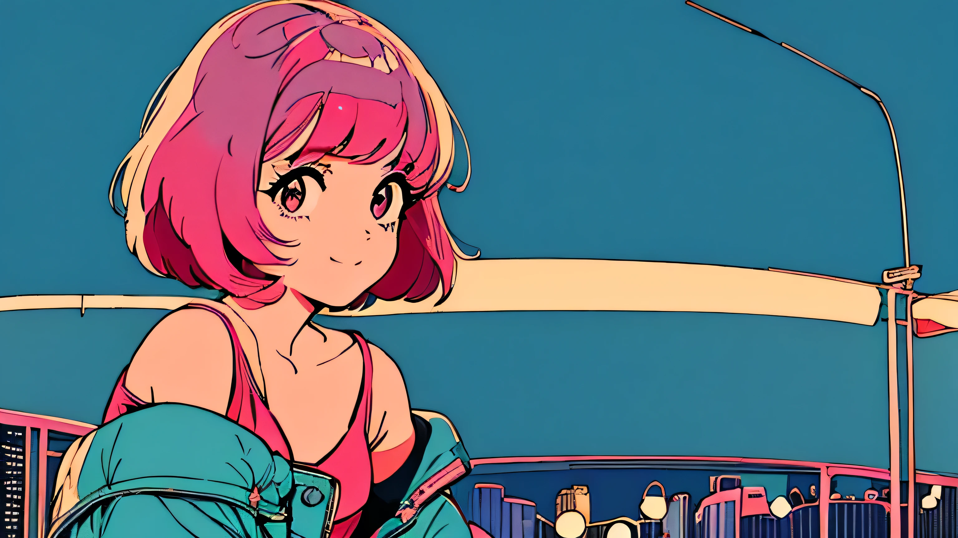 masterpiece, City Pop Style, Pink Hair, fluffy bob cut, Shoulder length, alone, Wearing headphones, Futuristic yet lo-fi, Retro, Vintage, Ghost, A light smile, Gazing at the starry sky, Shibuya at Tokyo, (( Wide Shot))