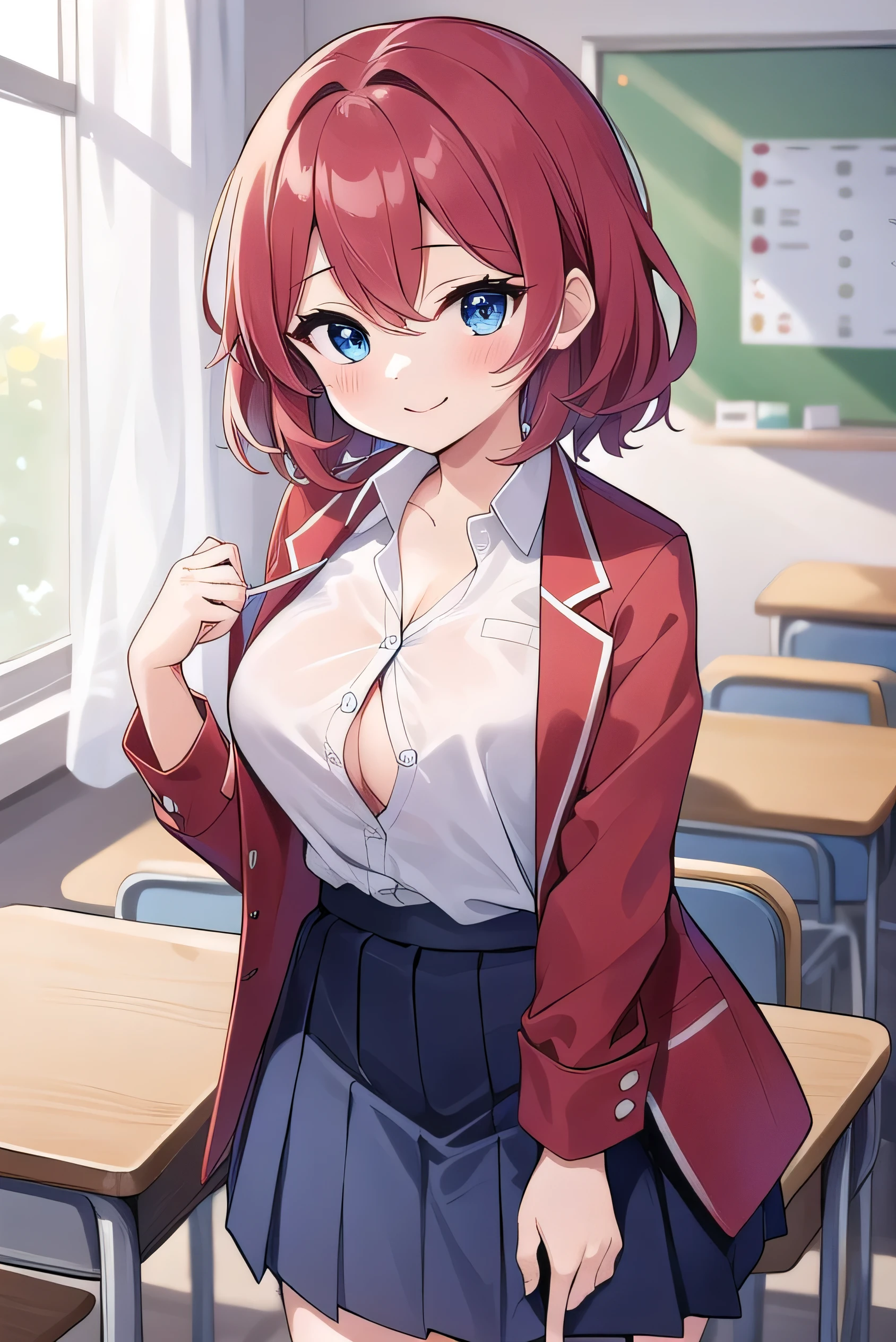 Big breasts, red hair, blue eyes, droopy eyes, red jacket, long sleeves, navy skirt, elementary school student, super big breasts, (medium hair: 1), baggy clothes, elementary school student, young face, short height, , old, shy Agari, smiling a little, trying to unbutton his shirt in the classroom, white shirt, soft hair，her bra is visible, a red bra