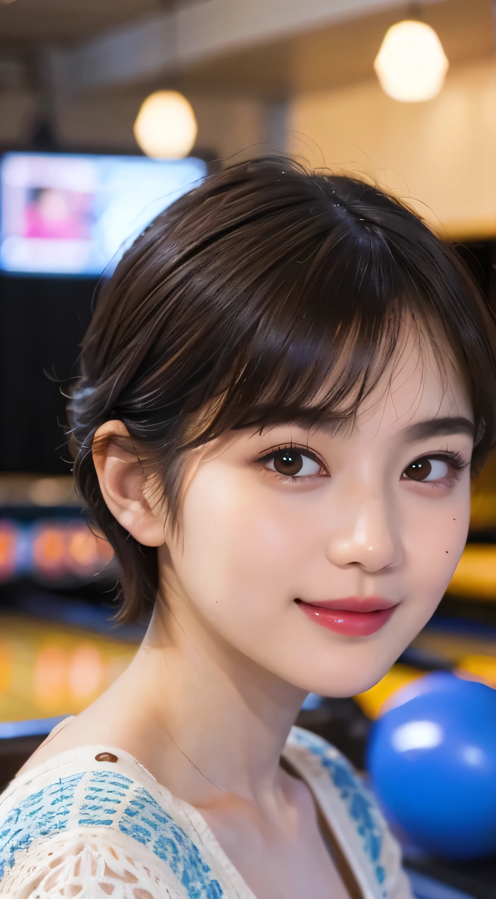 116
(A 20-year-old female,bowling), (Surrealism), (High level of image quality), ((Beautiful Hairstyle 46)), ((short hair)), (Gentle smile), (With bust:1.1), (Lipstick), (bowling hall)