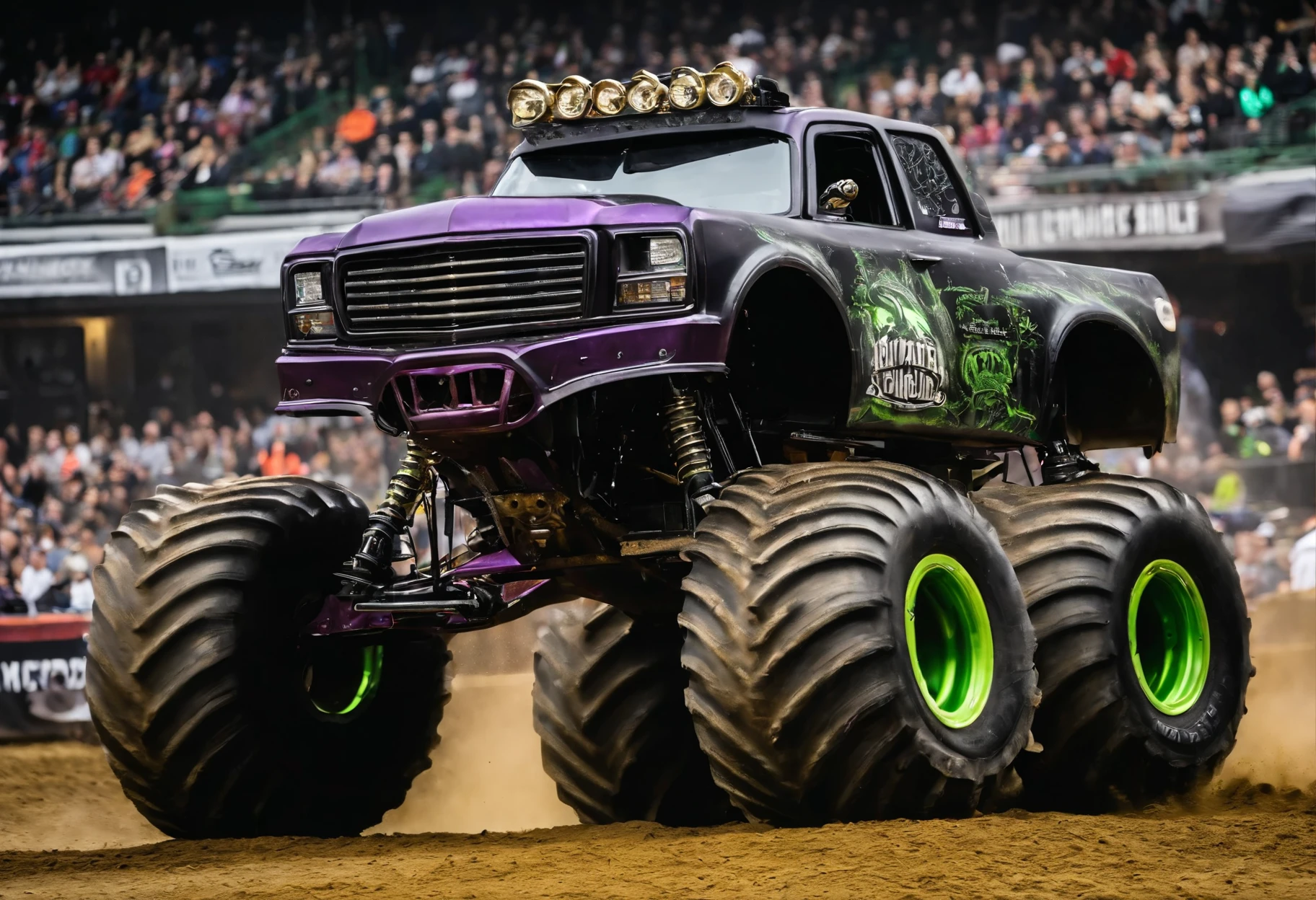 (The Grave Digger Monster Truck), black paintwork, green decals, skull purple decals, Arena show, huge crowds in the stands, competition, motion effects, arena show lighting, view from stands, UHD, painstaking attention to details