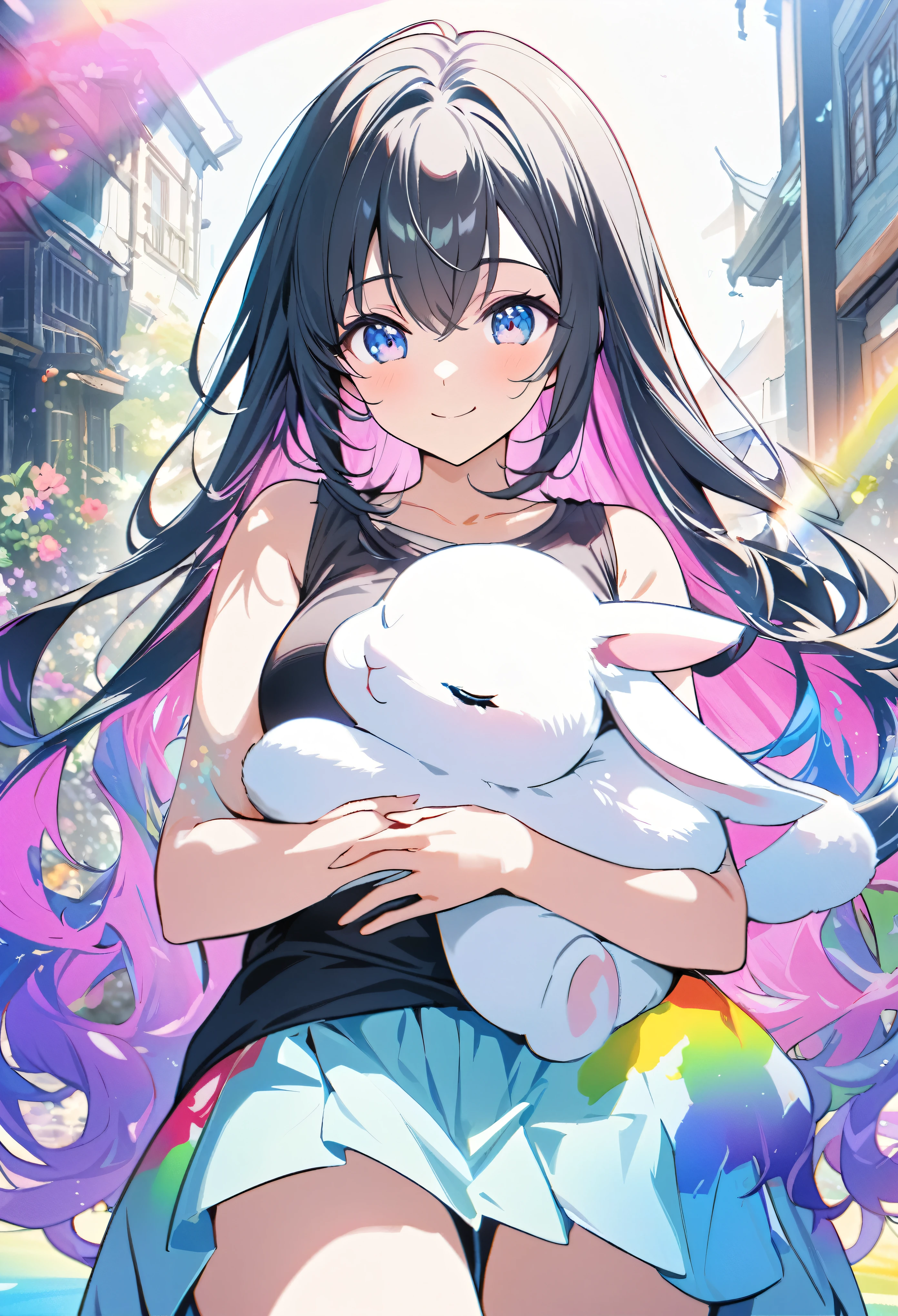 Japanese anime, a baby rabbit and a girl, under a rainbow-colored sky, a baby rabbit, carefully written, a smiling cute girl, a baby rabbit, and flowers, bold and strong line drawings, vivid thick paint, bright plain colors. Background, beautiful evidence, maximum resolution 16K, beautiful anime girl betrayed by a baby rabbit, long hair, baby rabbit, beautiful light cyan highlights are beautiful Gentle eyes, sparkling background, gentle air with diamond highlights Beautiful girl with good bright colorful hair, black tank top and miniskirt, thick aquarelle color, colorful, honeydew and diamonds, light cyan and white and light effects, wallpaper, architecture, high quality, high image quality, large amount of drawing , pixiv illustration, transparency, Japanese anime, upper body, white tone, delicate brushstrokes, unique colors