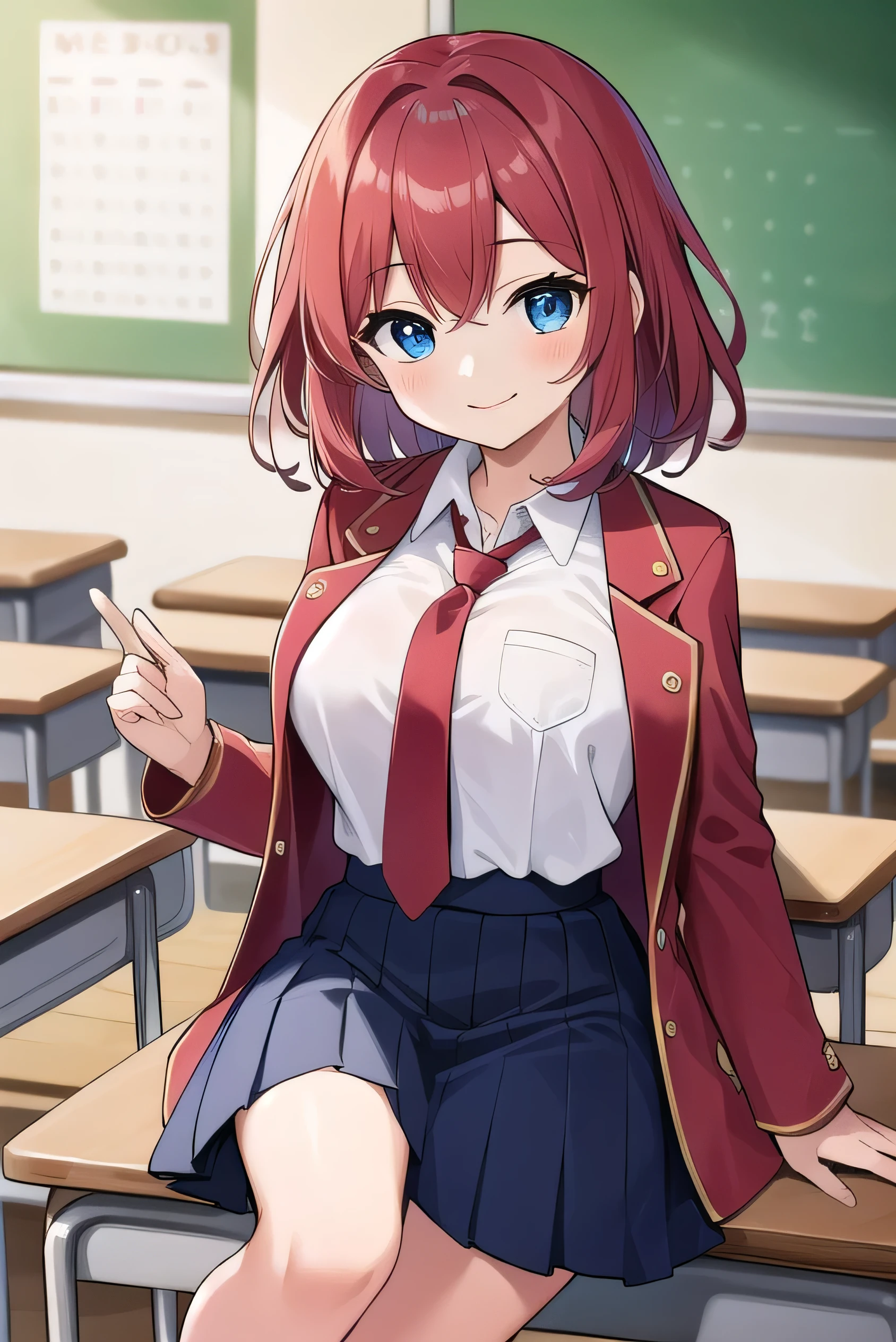 Big breasts, red hair, blue eyes, droopy eyes, red jacket, long sleeves, navy skirt, elementary school student, super big breasts, (medium hair: 1.2), baggy clothes, elementary school student, young face, short height, , old, shy A shy guy, smiling a little, in the classroom, trying to open the buttons of his shirt, white shirt, red tie,straight hair