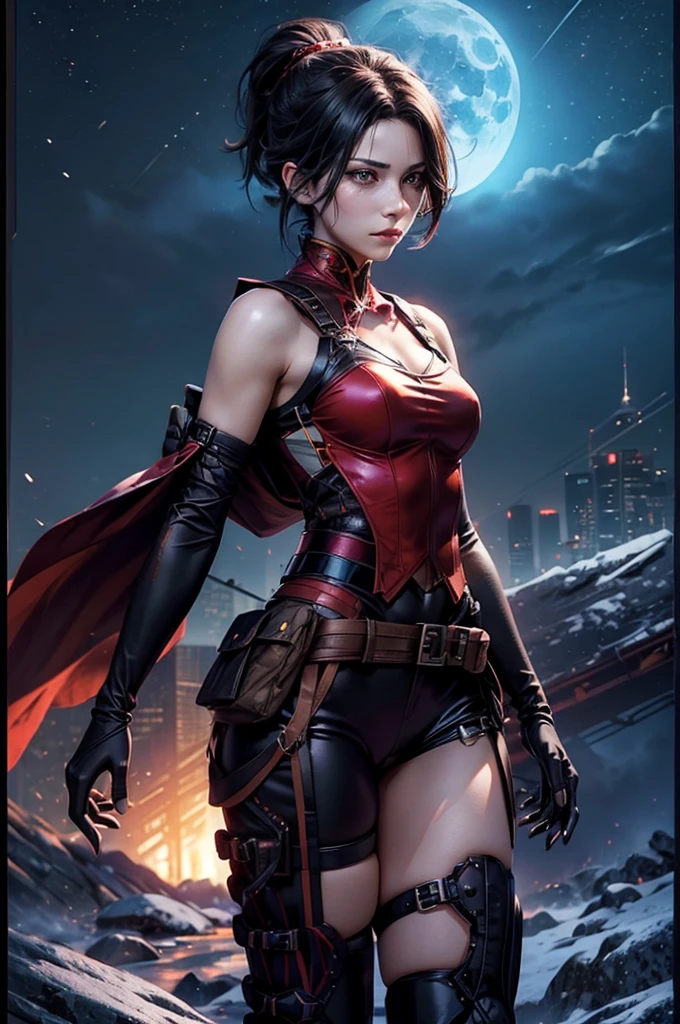 stunning girlfriend, heart shaped face, elegant face, beautiful face, highly detailed face, highly detailed skin, skin pores, subsurface scattering, realistic pupils, full lips, detailed background, depth of field, atmospheric perspective, volumetric lighting, sharp focus, absurdres, realistic proportions, good anatomy, (realistic, hyperrealistic:1.4), 16k hdr, cinderfall2023, best quality, masterpiece, 1girl, anime style, ponytail, black tactical suit, action pose, black left arm, utility belt, bulletproof vest, hair over eye, arcane ninja, flame, night, stars, moonlight,  standing, on mountain side, crowd