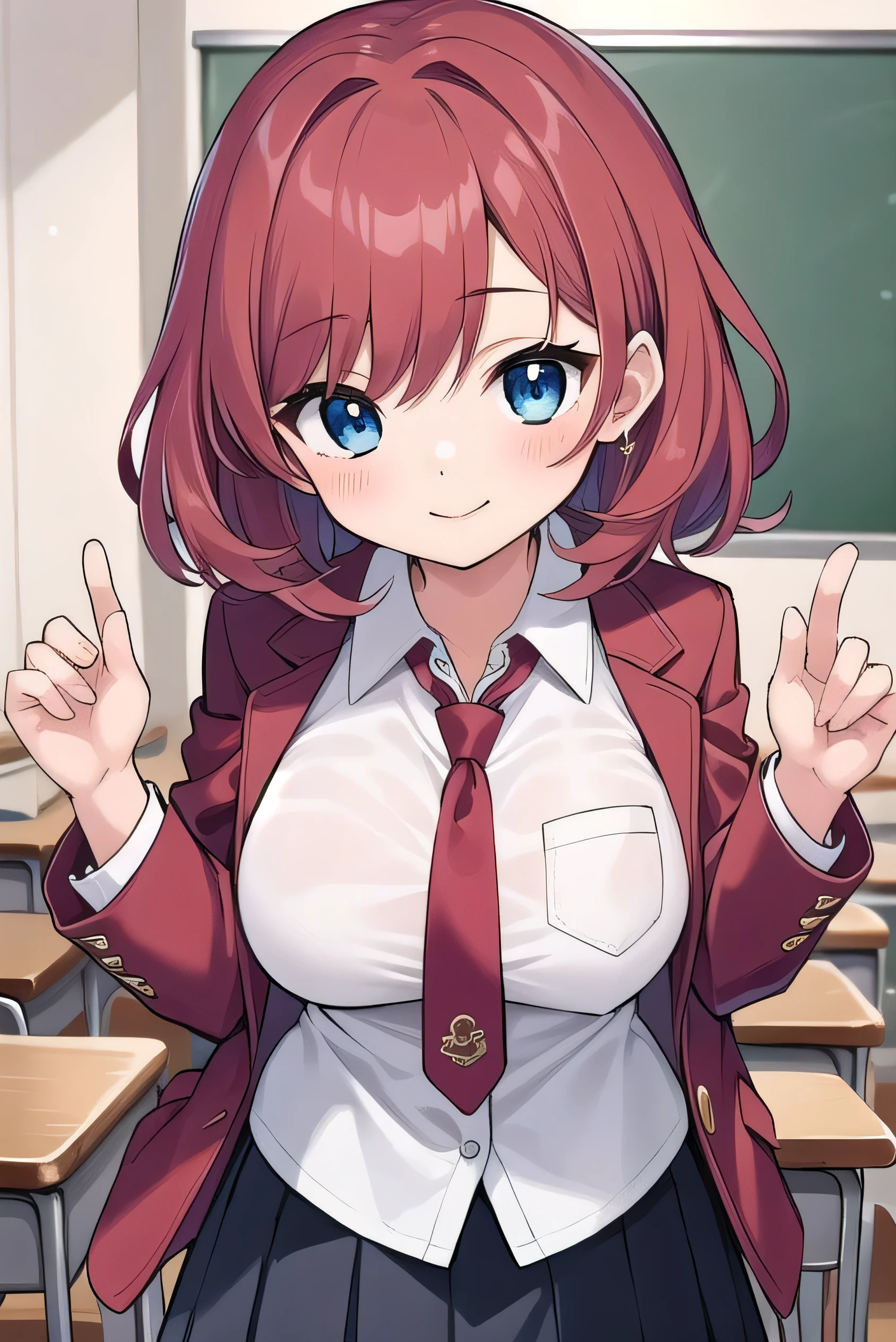 Big breasts, red hair, blue eyes, droopy eyes, red jacket, long sleeves, navy skirt, elementary school student, super big breasts, (medium hair: 1.2), baggy clothes, elementary school student, young face, short height, , old, shy A shy guy, smiling a little, in the classroom, trying to open the buttons of his shirt, white shirt, red tie,straight hair