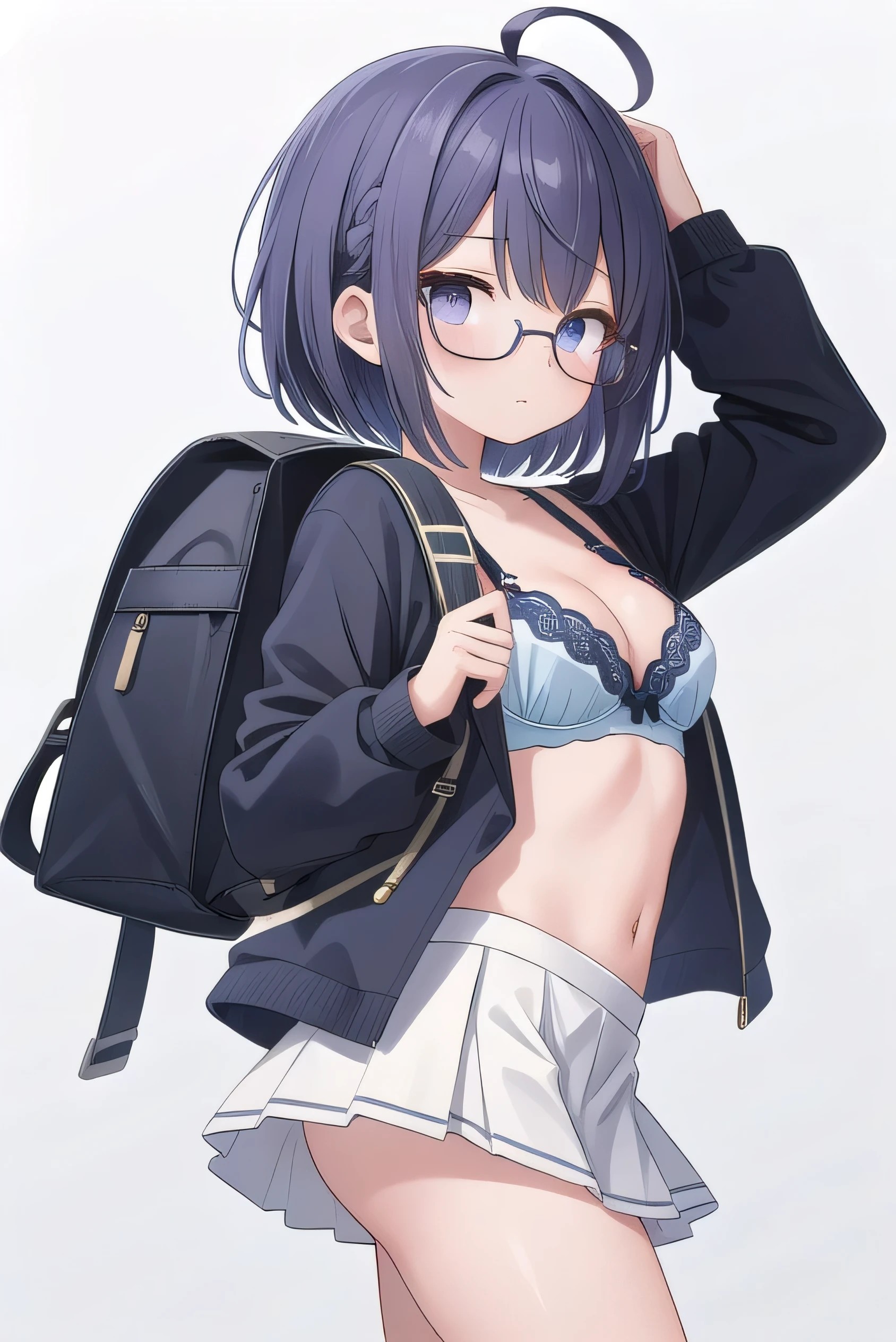 Purple hair, gray eyes, white , navy blue miniskirt, , short, short long hair, kind expression, shy, backpack, almost no breasts, slightly exposed. hair,(flipped hair ), flipped hair, long sleeves, ahoge, girl alone, flipped hair, flipped hair, flipped hair, flipped hair, glasses with no edges, embarrassed, her bra is visible