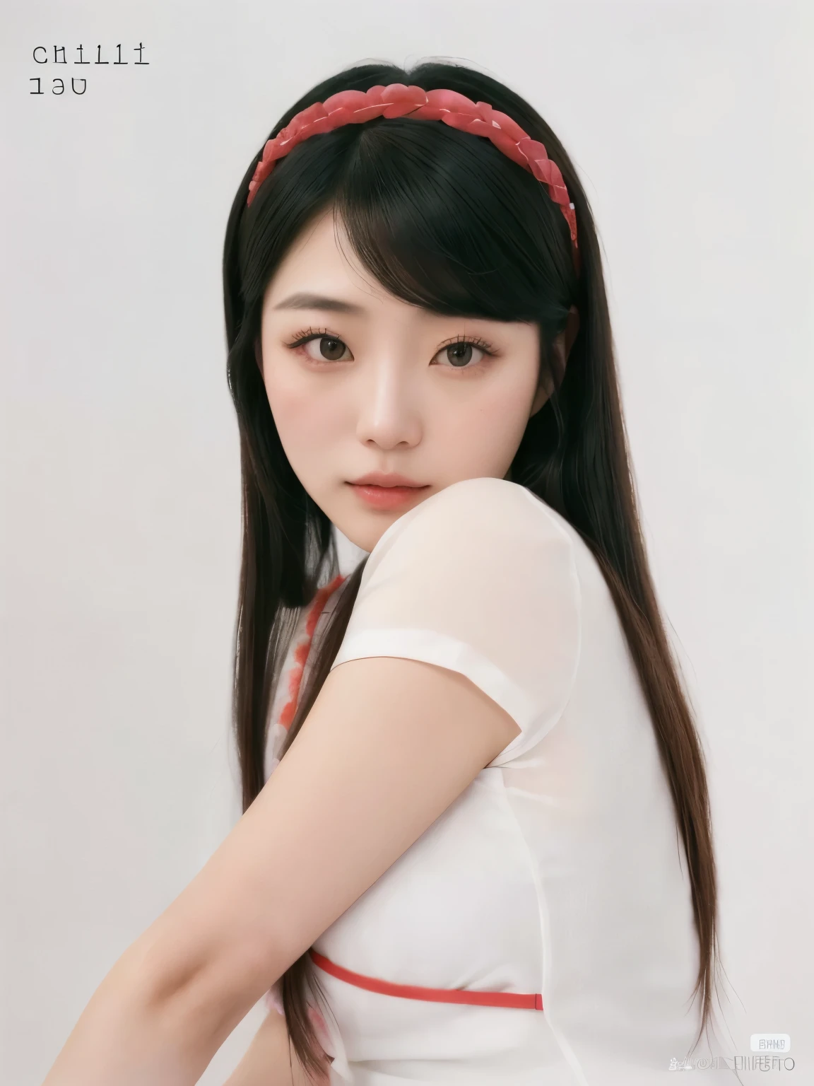 un primer plano de una mujer con una diadema roja, chiho, por Torii Kiyomoto, shikami, kimi takemura, sui ishida con cabello negro, yasumoto oka, Yoshitomo Nara, japanese model, Harumi, dilraba dilmurat, el corte de hime
