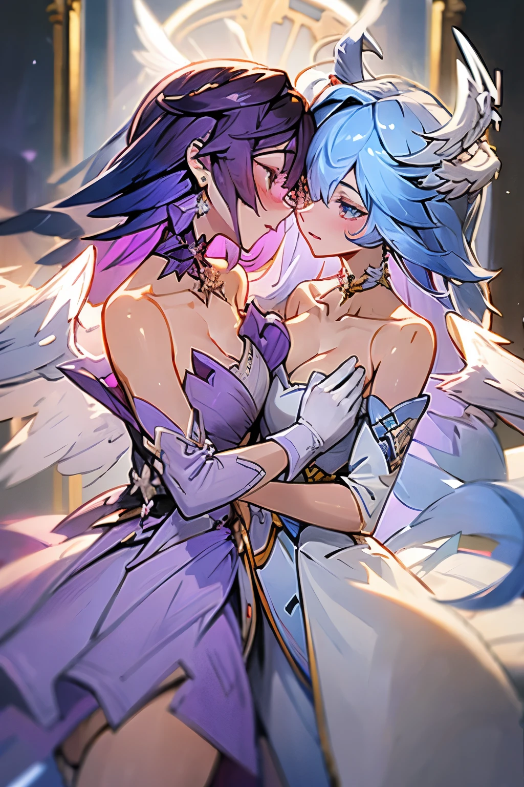 girls cuddling, cute, long hair, 2girls, looking at each other, dressing room,1girl,robin,head wings,strapless dress,white gloves,white dress,purple dress,collarbone, yuri