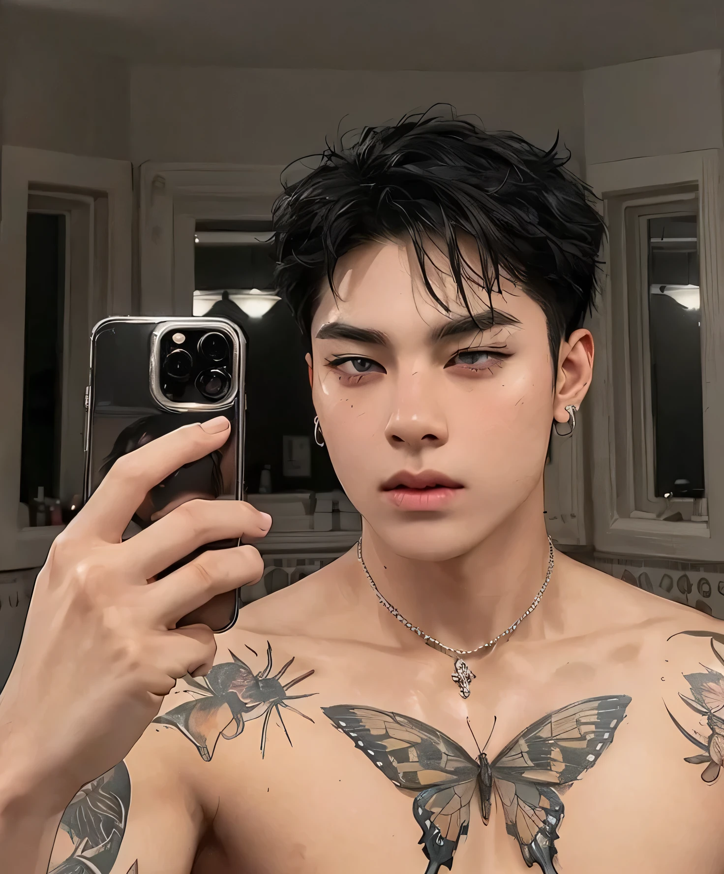 (best quality,highres),man taking photo in the mirror,black hair,black eyes,butterfly tattoo on the clavicle,iPhone,kim taehyung,Taehyung,V bts,reflective mirror shot,full body shot,urban background,stylish fashion,cool expression,artistic lighting,colorful filter,modern aesthetic