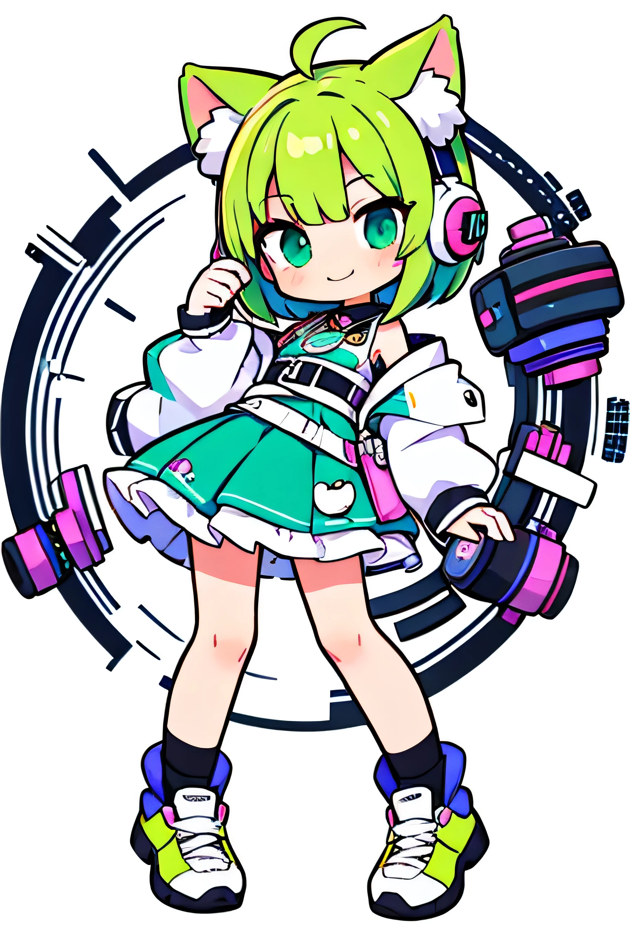 smile, idol, A kawaii mascot character design of simple 2D, Bob with green short hair, cat ears wearing headphones, bold LINE art, Girl,Create a highly detailed, full body illustration of a deformed character in a cyberpunk anime style, --ar 16:9 --niji 5 --style cute --s 100