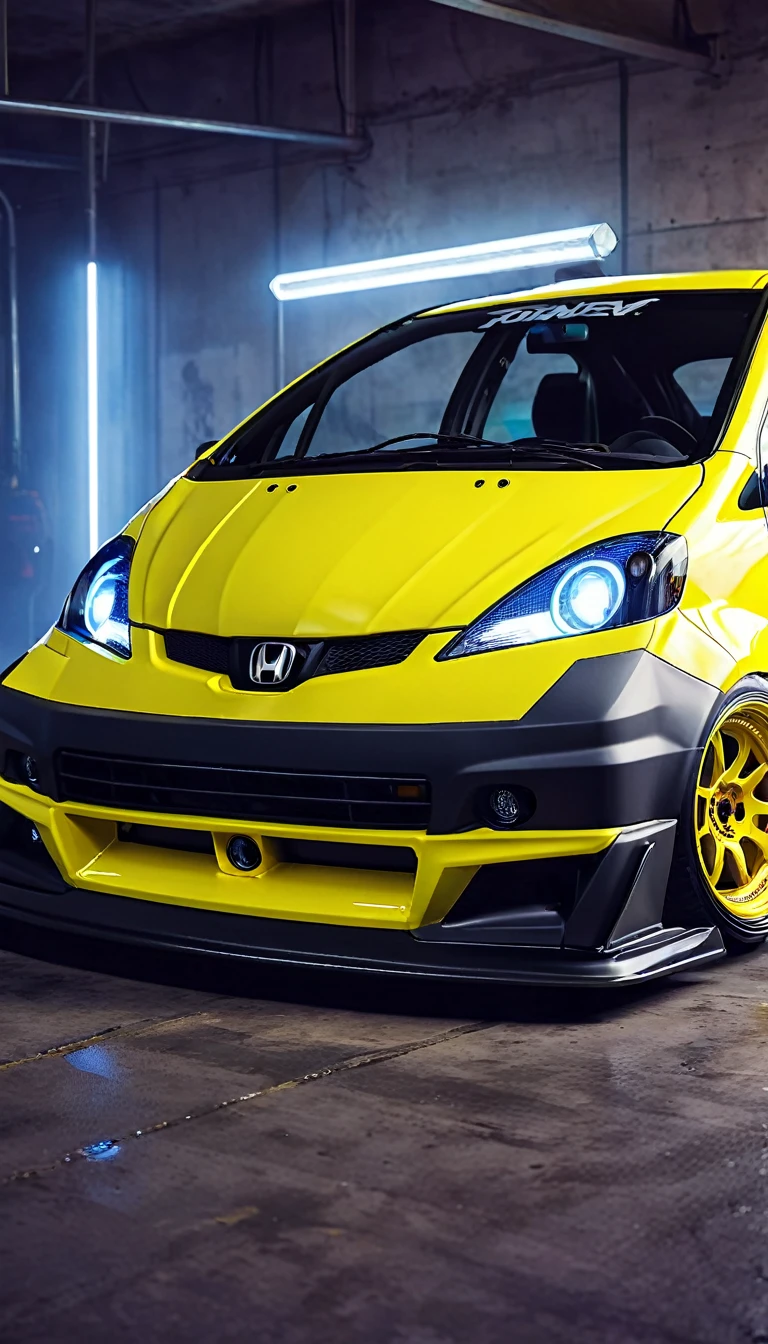 retrowave. honda jazz rwb, large wheels, slammed, wide body kit, YELOW NEON MONITOR LIGHT, (4k,Masterpiece, realistic, photorealistic, extreme detail, A high resolution,photorealistic,automotive photography, professional)