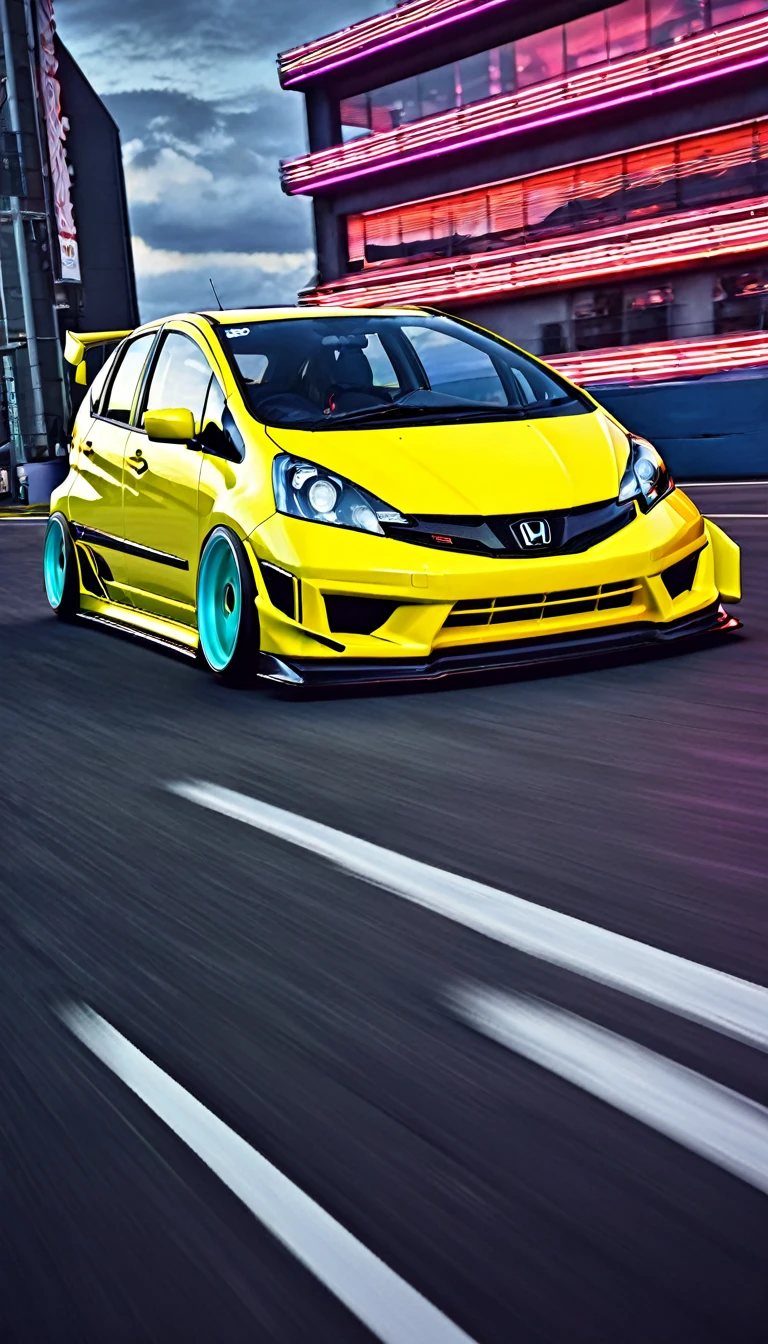 retrowave. honda jazz rwb, large wheels, slammed, wide body kit, YELOW NEON MONITOR LIGHT, (4k,Masterpiece, realistic, photorealistic, extreme detail, A high resolution,photorealistic,automotive photography, professional)