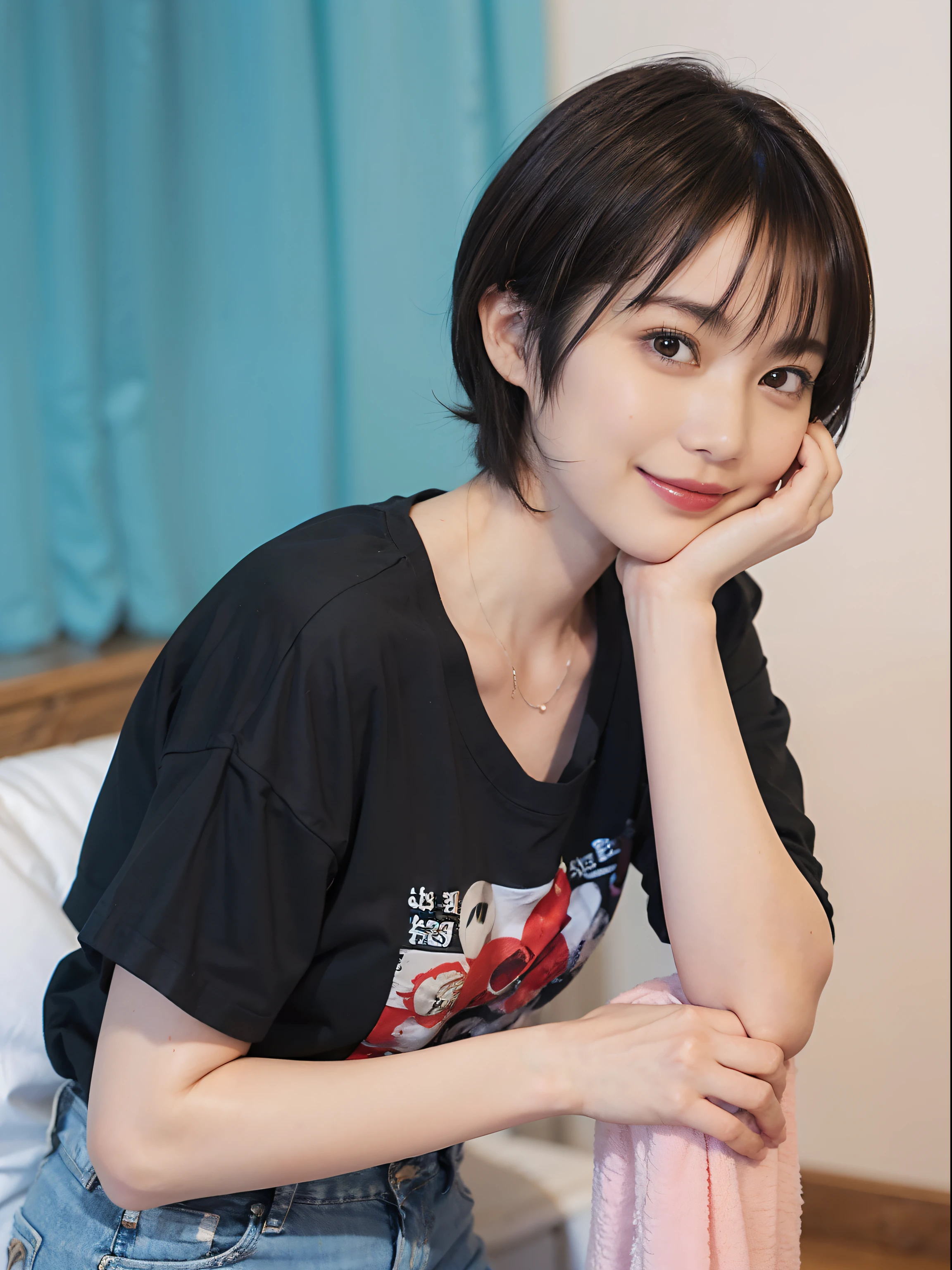 85
(A 20-year-old female,standing), (Surrealism), (On the table), ((short hair:1.46)), (Jet black smooth hair), (Chest:1.0), (Smile kindly), Wear shorts, (Wear T-shirts with character prints), (beautiful skin:1.5)