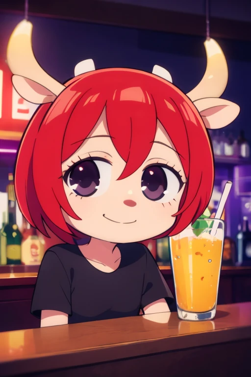 Lammy, , deer ears, blunt horns, half-open eyes,red hair, black eyes, red shirt, looking at viewer, smiling, close up, inside, bar, neon lighting, high quality, masterpiece,