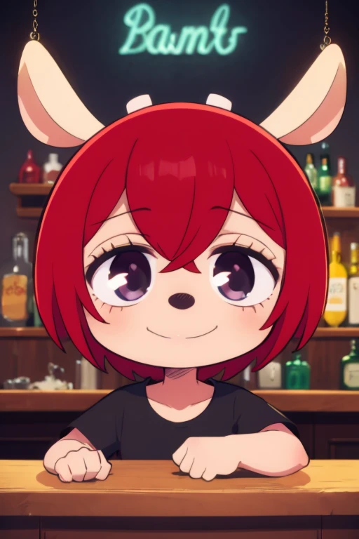 Lammy, , deer ears, blunt horns, half-open eyes,red hair, black eyes, red shirt, looking at viewer, smiling, close up, inside, bar, neon lighting, high quality, masterpiece, 