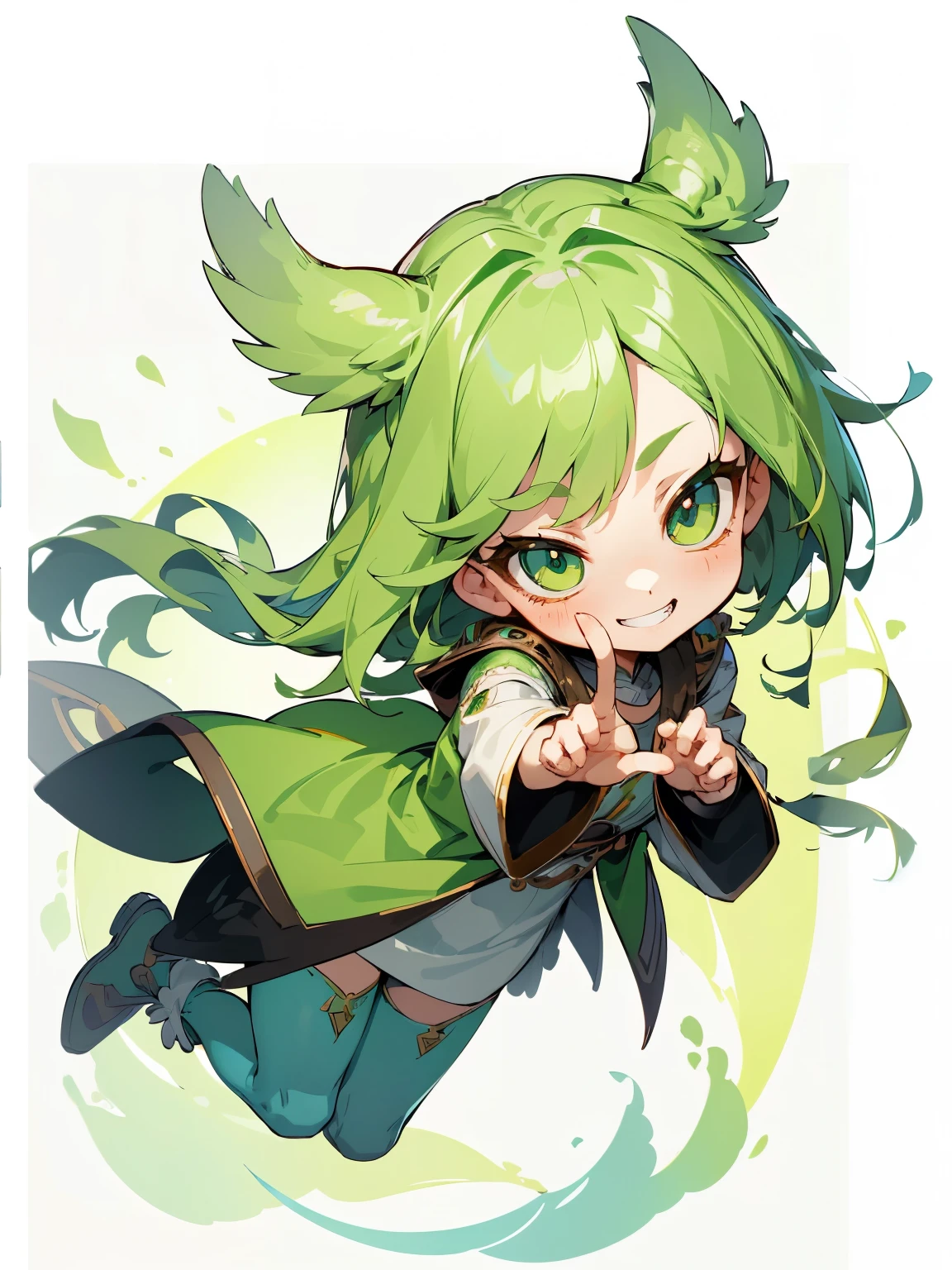 girl, full body, cartoon style, chibi style, cute, (index finger raised : 1.3), high detailed finger, bird tail, bird wing, beautiful face, grin face, green color eye, beautiful eye, high detailed pupil, double eyeylid, high detailed skin, high quality skin, green color hair, white clothes, masterpiece,