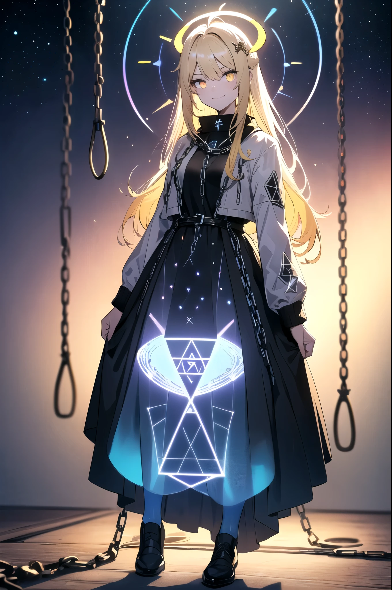 (blonde hair, long hair, sidelocks), (eyes with a mix of yellow and blue irises:1.5), two-tone eyes, multicolored eyes gradient eyes, white and blue jacket with constellation prints, (best quality,4k,8k,highres,masterpiece:1.2), ultra-detailed, portraits, (HDR:1.1), (vivid colors:1.1), (studio lighting), (bokeh), (highly saturated colors), (soft lighting), (detailed background), (subtle shadows), (ethereal glow), (pastel color palette), (delicate details), (sublime beauty), (feminine charm), (crisp focus), (fine brushwork), (impeccable craftsmanship), (emotional depth), (captivating storytelling), (intriguing narrative), (impressive realism), (exceptional artistry), (masterpiece-worthy), (awe-inspiring), blonde hair, very long hair, sidelocks, (eyes with a mix of yellow and blue irises:1.5), (two-tone eyes:1.5), (multicolored irises:1.5), multicolored eyes (gradient eyes:1.5), white and blue jacket with constellation prints, metallic skirt, (smug:1.5), (smirk), naughty face, mischievous, futuristic clothing, science fiction setting, high-tech, glowing eyes, (unicursal hexagram-shaped irises), (full body:1.5), (chains:1.5), (holographic halo:1.5), (unicursal hexagram halo:1.5)