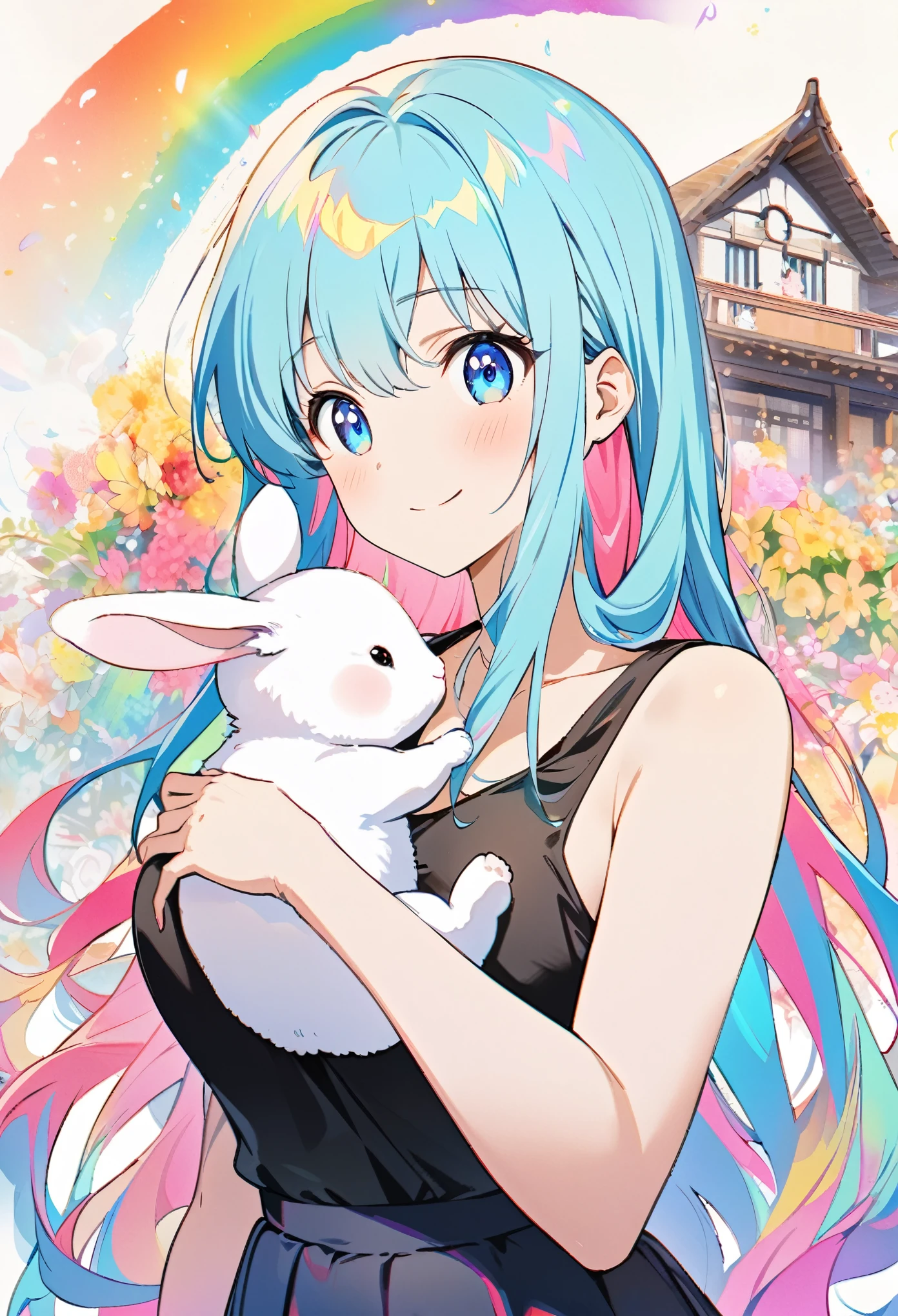 Japanese anime, a baby rabbit and a girl, under a rainbow-colored sky, a baby rabbit, carefully written, a smiling cute girl, a baby rabbit, and flowers, bold and strong line drawings, vivid thick paint, bright plain colors. Background, beautiful evidence, maximum resolution 16K, beautiful anime girl betrayed by a baby rabbit, long hair, baby rabbit, beautiful light cyan highlights are beautiful Gentle eyes, sparkling background, gentle air with diamond highlights Beautiful girl with good bright colorful hair, black tank top and miniskirt, thick aquarelle color, colorful, honeydew and diamonds, light cyan and white and light effects, wallpaper, architecture, high quality, high image quality, large amount of drawing , pixiv illustration, transparency, Japanese anime, upper body, white tone, delicate brushstrokes, unique colors
