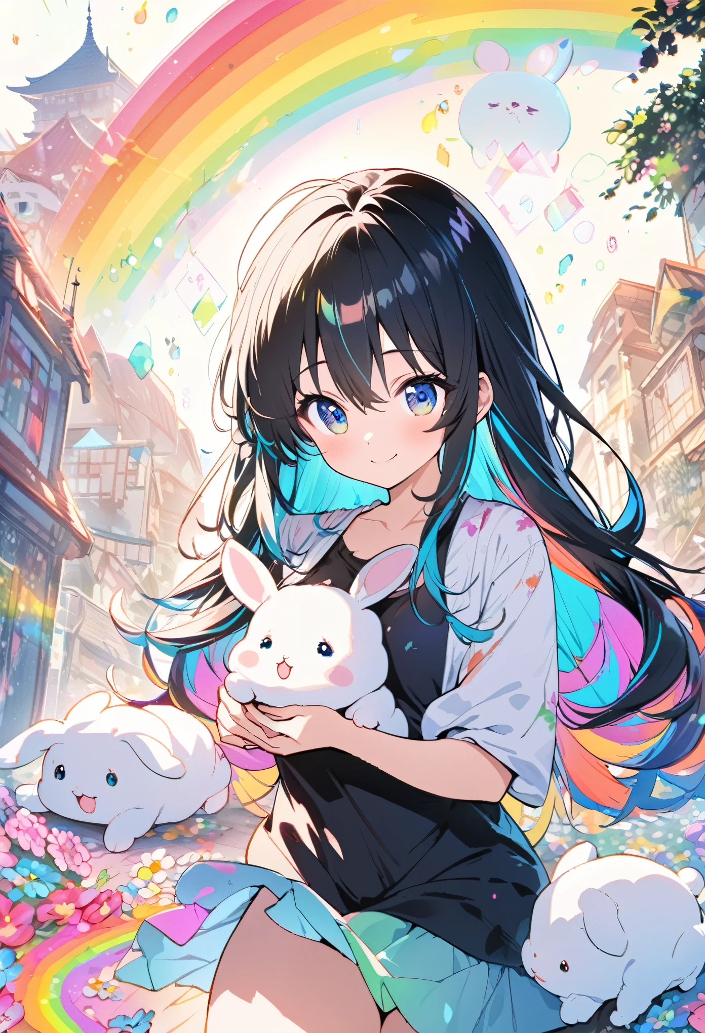 Japanese anime, a baby rabbit and a girl, under a rainbow-colored sky, a baby rabbit, carefully written, a smiling cute girl, a baby rabbit, and flowers, bold and strong line drawings, vivid thick paint, bright plain colors. Background, beautiful evidence, maximum resolution 16K, beautiful anime girl betrayed by a baby rabbit, long hair, baby rabbit, beautiful light cyan highlights are beautiful Gentle eyes, sparkling background, gentle air with diamond highlights Beautiful girl with good bright colorful hair, black tank top and miniskirt, thick aquarelle color, colorful, honeydew and diamonds, light cyan and white and light effects, wallpaper, architecture, high quality, high image quality, large amount of drawing , pixiv illustration, transparency, Japanese anime, upper body, white tone, delicate brushstrokes, unique colors