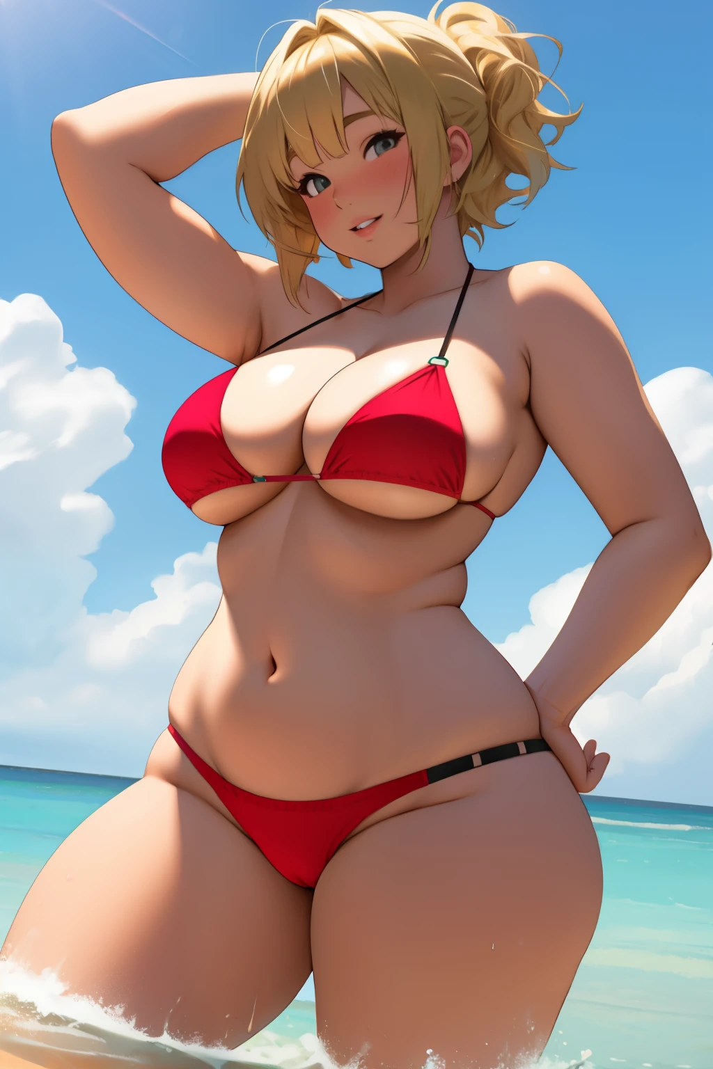 1 girl, chubby, bikini, short blonde hair, cute face, big , wide hips