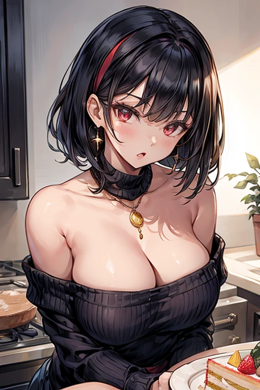 masterpiece, yor, 1girl, Amazing Cleavage:1.3, thin waist, big ass, Raised sexy, medium breast: 1.8 posed cleavage:1.2、solo, looking at viewer, open mouth, have a cup of orange juce,black hair, red eyes, dress, bare shoulders, jewelry, collarbone, sidelocks, hairband, earrings, indoors, off shoulder, :o, sweater, arms behind back, plant, short hair with long locks, white hairband, off-shoulder dress, sweater dress, off-shoulder sweater, red sweater, big side hair, very long side hair,is rendered in (masterpiece: 1.2, best quality), with (ultra high resolution) and an exquisite (depth of field). This masterpiece is not only visually stunning but also tells, make of cake cooking ,in the kitchen