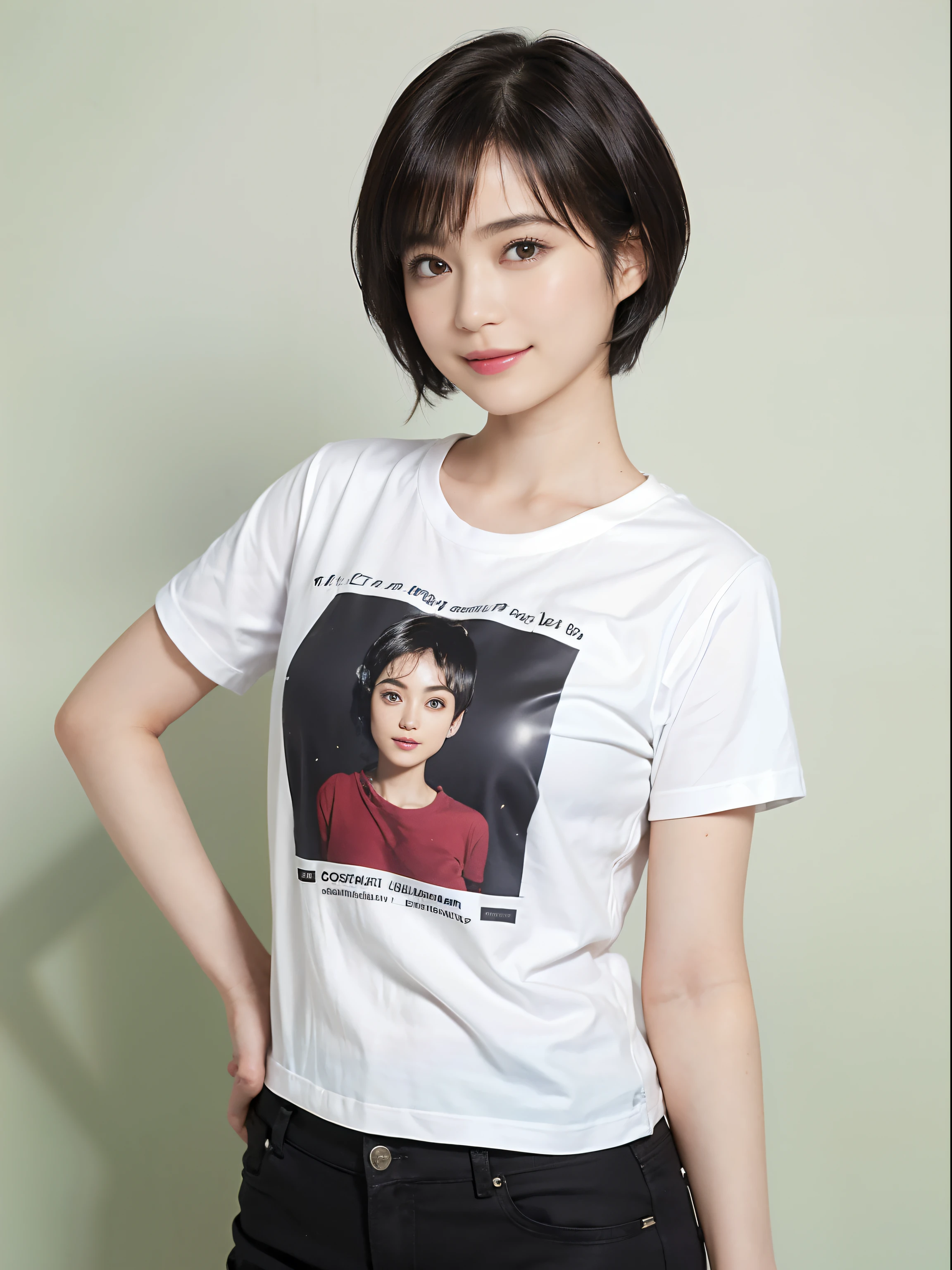 85
(A 20-year-old female,standing), (Surrealism), (On the table), ((short hair:1.46)), (Jet black smooth hair), (Chest:1.0), (Smile kindly), Wear shorts, (Wear T-shirts with character prints), (beautiful skin:1.5)