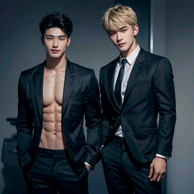 Black blazer, Abdominal muscles, No shirt, Baggy formal pants, male, Blonde, Medium length, Perfect facial symmetry, Perfect Nose, Handsome and beautiful smile, Almond Eye and Korean. One male, one personで, Single person, Handsome smile. Wolf Cut. Single male, one person. Single character