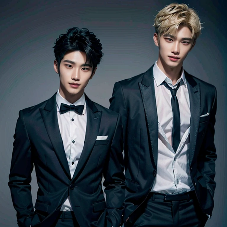 Black blazer, No shirt, Baggy formal pants, male, Blonde, Medium length, Perfect facial symmetry, Perfect Nose, Handsome and beautiful smile, Almond Eye and Korean. One male, one personで, Single person, Handsome smile. Wolf Cut. Single male, one person. Single character