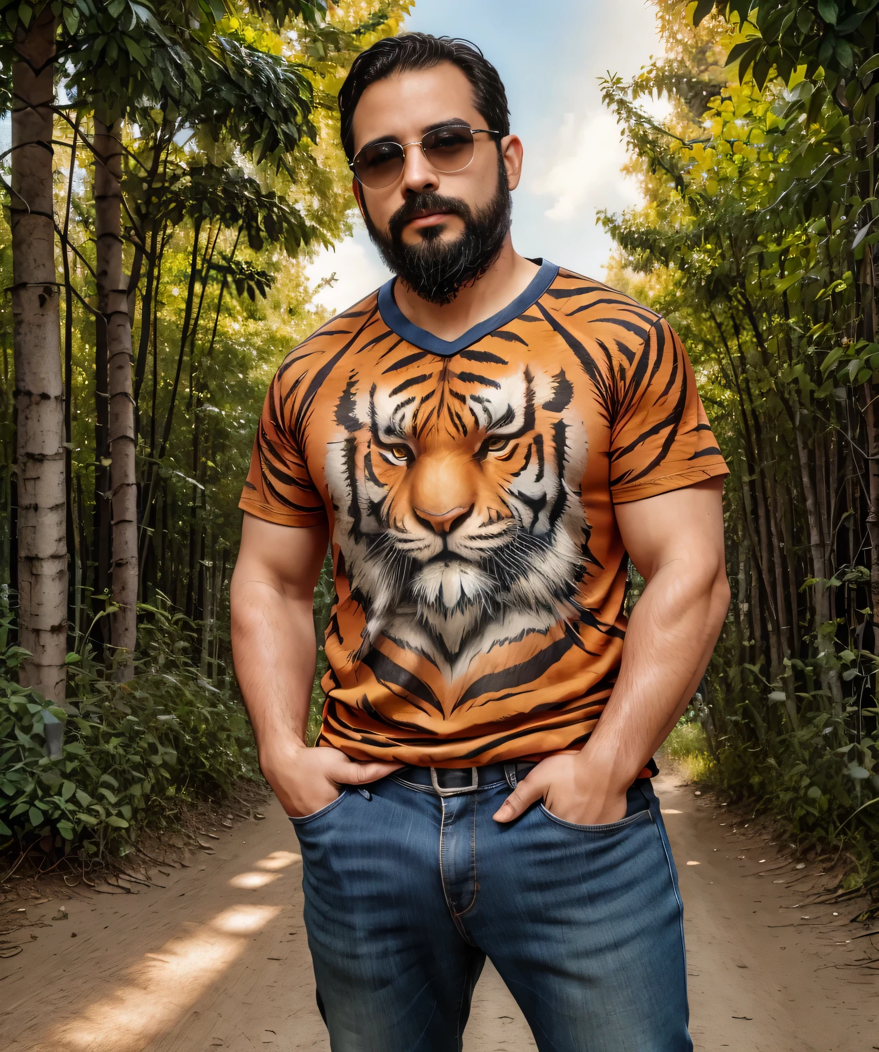 Obra maestra, desenfoque de campo, Parte superior del cuerpo, Hands in pants pockets, 38 year old chubby man with beard and square sunglasses.. Man in tiger t-shirt in a space movie with a sunburst in the background.