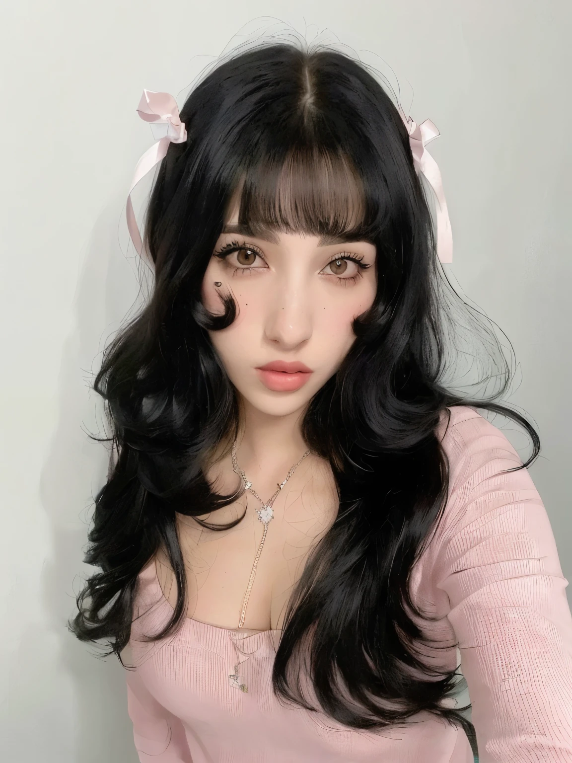 Mujer arafed con cabello largo y negro que llevaba un top rosa y un lazo rosa., pelo negro ondulado con flequillo, ella tiene el pelo negro con flequillo, pelo negro y ojos grandes, melanie martinez, pelo largo y oscuro con flequillo, flequillo rizado, cabello con flequillo negro, pelo largo con flequillo, pelo largo y negro con flequillo, flequillo negro, pelo largo con flequillo completo