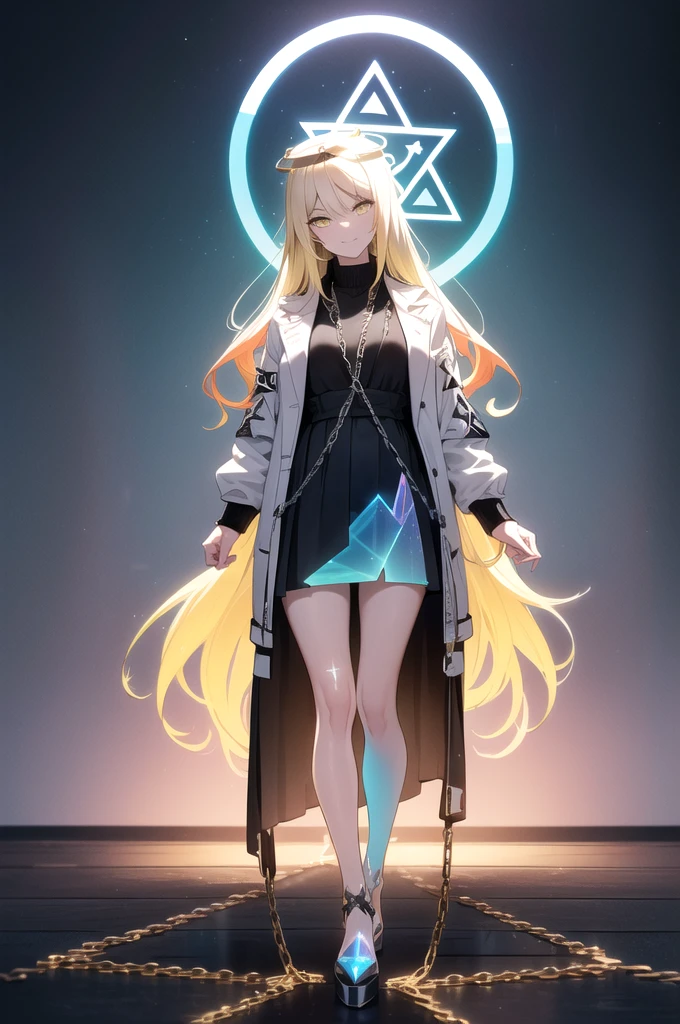 (blonde hair, long hair, sidelocks), (eyes with a mix of yellow and blue irises:1.5), two-tone eyes, multicolored eyes gradient eyes, white and blue jacket with constellation prints, (best quality,4k,8k,highres,masterpiece:1.2), ultra-detailed, portraits, (HDR:1.1), (vivid colors:1.1), (studio lighting), (bokeh), (highly saturated colors), (soft lighting), (detailed background), (subtle shadows), (ethereal glow), (pastel color palette), (delicate details), (sublime beauty), (feminine charm), (crisp focus), (fine brushwork), (impeccable craftsmanship), (emotional depth), (captivating storytelling), (intriguing narrative), (impressive realism), (exceptional artistry), (masterpiece-worthy), (awe-inspiring), blonde hair, very long hair, sidelocks, (eyes with a mix of yellow and blue irises:1.5), (two-tone eyes:1.5), (multicolored irises:1.5), multicolored eyes (gradient eyes:1.5), white and blue jacket with constellation prints, metallic skirt, (smug:1.5), (smirk), naughty face, mischievous, futuristic clothing, science fiction setting, high-tech, glowing eyes, (unicursal hexagram-shaped irises), (full body:1.5), (chains:1.5), (holographic halo:1.5), (unicursal hexagram halo:1.5)