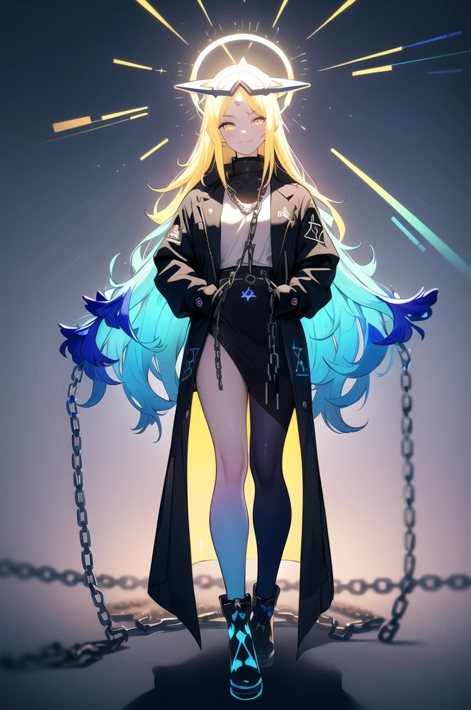 (blonde hair, long hair, sidelocks), (eyes with a mix of yellow and blue irises:1.5), two-tone eyes, multicolored eyes gradient eyes, white and blue jacket with constellation prints, (best quality,4k,8k,highres,masterpiece:1.2), ultra-detailed, portraits, (HDR:1.1), (vivid colors:1.1), (studio lighting), (bokeh), (highly saturated colors), (soft lighting), (detailed background), (subtle shadows), (ethereal glow), (pastel color palette), (delicate details), (sublime beauty), (feminine charm), (crisp focus), (fine brushwork), (impeccable craftsmanship), (emotional depth), (captivating storytelling), (intriguing narrative), (impressive realism), (exceptional artistry), (masterpiece-worthy), (awe-inspiring), blonde hair, very long hair, sidelocks, (eyes with a mix of yellow and blue irises:1.5), (two-tone eyes:1.5), (multicolored irises:1.5), multicolored eyes (gradient eyes:1.5), white and blue jacket with constellation prints, metallic skirt, (smug:1.5), (smirk), naughty face, mischievous, futuristic clothing, science fiction setting, high-tech, glowing eyes, (unicursal hexagram-shaped irises), (full body:1.5), (chains:1.5), (holographic halo:1.5), (unicursal hexagram halo:1.5)