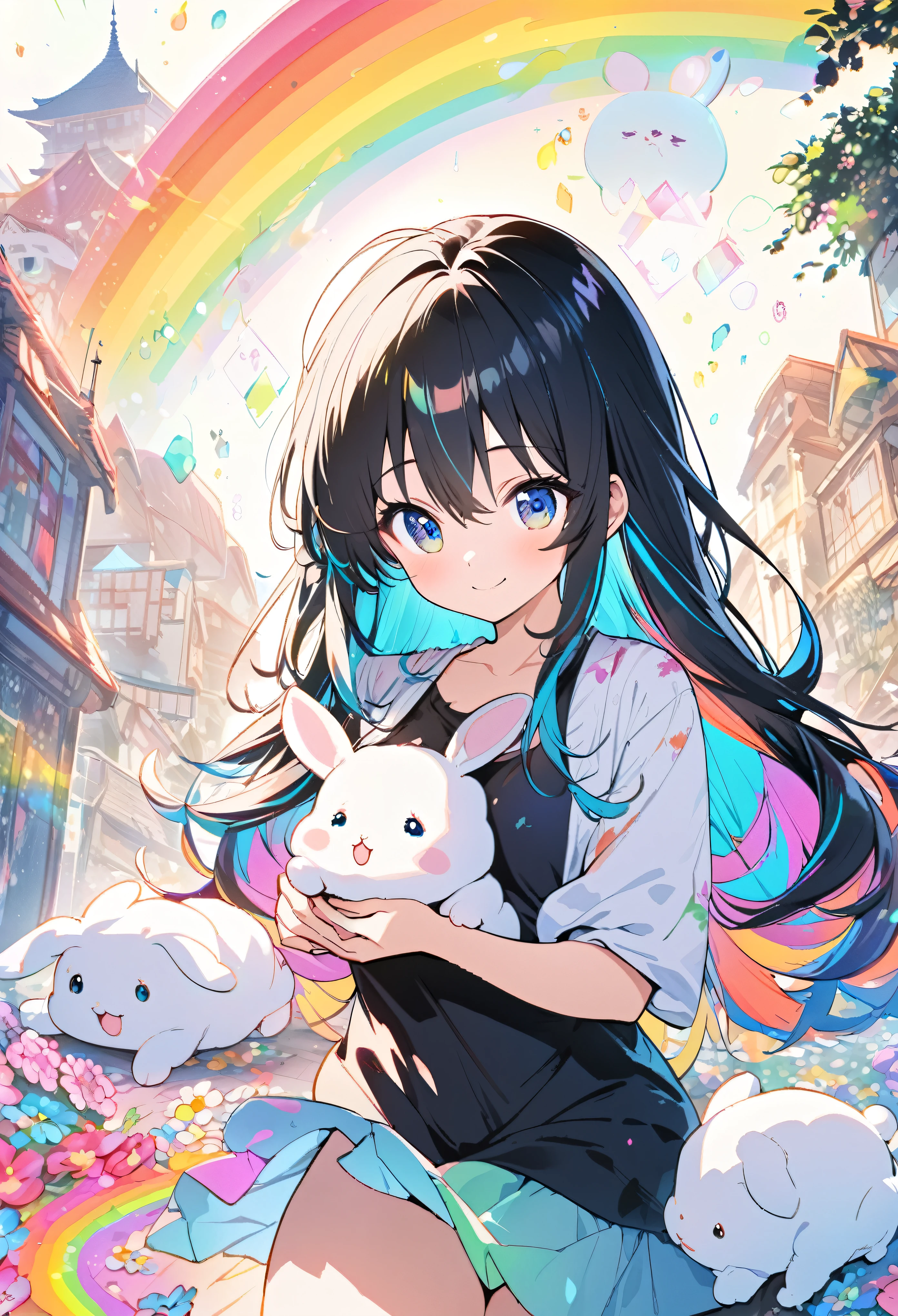 Japanese anime, a baby rabbit and a girl, under a rainbow-colored sky, a baby rabbit, carefully written, a smiling cute girl, a baby rabbit, and flowers, bold and strong line drawings, vivid thick paint, bright plain colors. Background, beautiful evidence, maximum resolution 16K, beautiful anime girl betrayed by a baby rabbit, long hair, baby rabbit, beautiful light cyan highlights are beautiful Gentle eyes, sparkling background, gentle air with diamond highlights Beautiful girl with good bright colorful hair, black tank top and miniskirt, thick aquarelle color, colorful, honeydew and diamonds, light cyan and white and light effects, wallpaper, architecture, high quality, high image quality, large amount of drawing , pixiv illustration, transparency, Japanese anime, upper body, white tone, delicate brushstrokes, unique colors