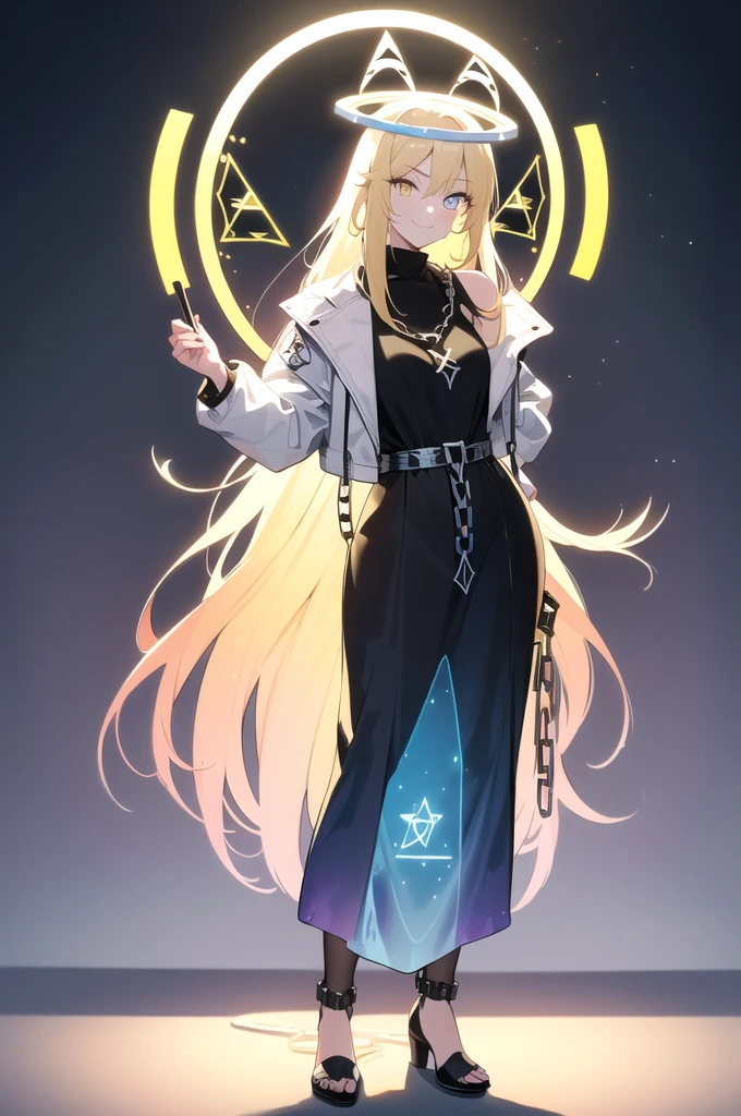 (blonde hair, long hair, sidelocks), (eyes with a mix of yellow and blue irises:1.5), two-tone eyes, multicolored eyes gradient eyes, white and blue jacket with constellation prints, (best quality,4k,8k,highres,masterpiece:1.2), ultra-detailed, portraits, (HDR:1.1), (vivid colors:1.1), (studio lighting), (bokeh), (highly saturated colors), (soft lighting), (detailed background), (subtle shadows), (ethereal glow), (pastel color palette), (delicate details), (sublime beauty), (feminine charm), (crisp focus), (fine brushwork), (impeccable craftsmanship), (emotional depth), (captivating storytelling), (intriguing narrative), (impressive realism), (exceptional artistry), (masterpiece-worthy), (awe-inspiring), blonde hair, very long hair, sidelocks, (eyes with a mix of yellow and blue irises:1.5), (two-tone eyes:1.5), (multicolored irises:1.5), multicolored eyes (gradient eyes:1.5), white and blue jacket with constellation prints, metallic skirt, (smug:1.5), (smirk), naughty face, mischievous, futuristic clothing, science fiction setting, high-tech, glowing eyes, (unicursal hexagram-shaped irises), (full body:1.5), (chains:1.5), (holographic halo:1.5), (unicursal hexagram halo:1.5)