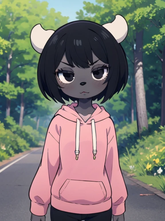 masterpiece, best quality, illustration, solo, 1girl, furry, black hair, short hair, horns, black eyes, grey skin, (pink hoodie:1.2), sunny, outdoors, forest, woods,  rammy,  mad,