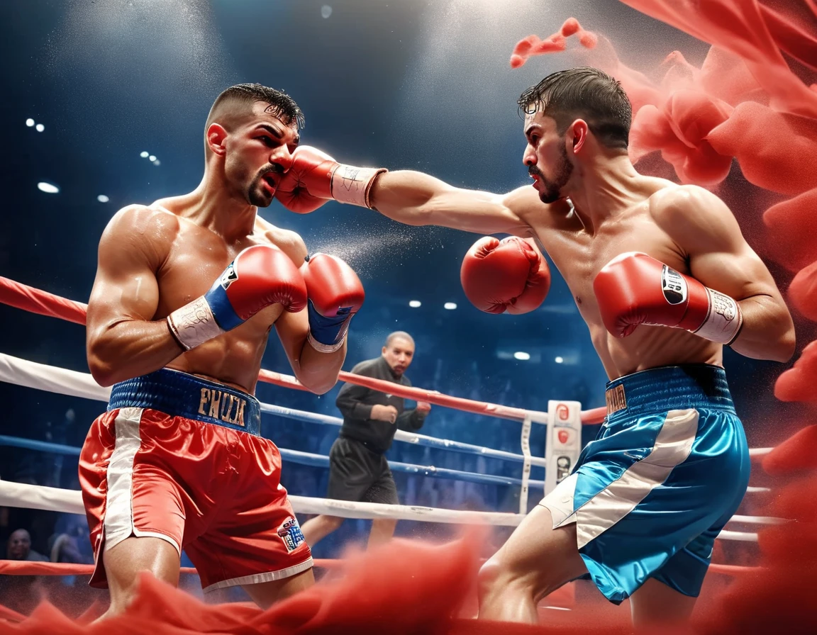 A perfectly executed punch in a boxing match, The gloves are red and there's sweat flying off from the impact. The boxer throwing the punch is a Middle-Eastern male and his opponent is a Hispanic male, They are both fit and muscular, wearing traditional boxing shorts and shoes, Chalk dust is rising from the canvas as the punch connects.