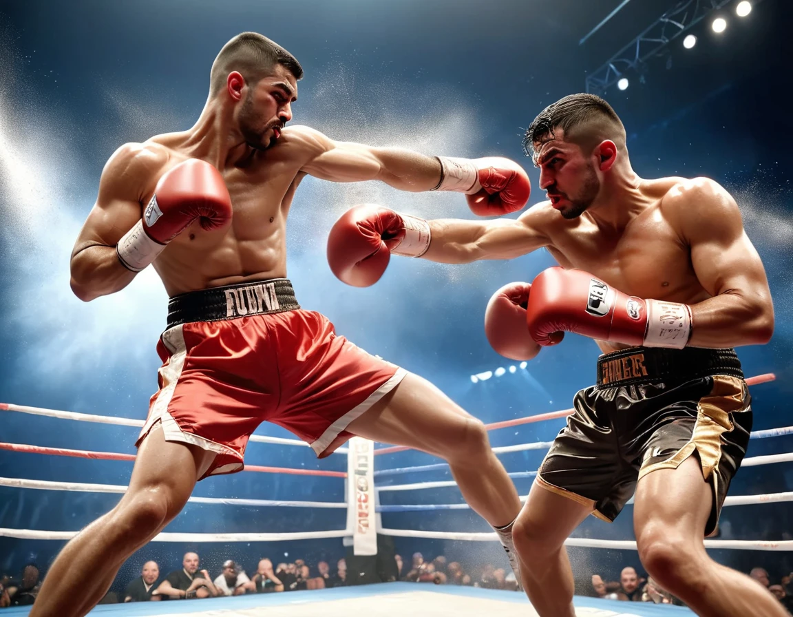 A perfectly executed punch in a boxing match, The gloves are red and there's sweat flying off from the impact. The boxer throwing the punch is a Middle-Eastern male and his opponent is a Hispanic male, They are both fit and muscular, wearing traditional boxing shorts and shoes, Chalk dust is rising from the canvas as the punch connects.